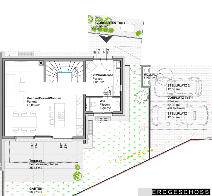Grundriss des Erdgeschosses mit offenem Wohnbereich, Terrasse und Garten.