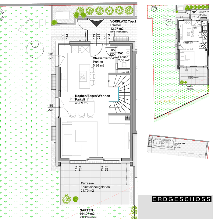 Grundriss des Erdgeschosses mit offenem Wohn-, Ess- und Kochbereich sowie Terrasse und Garten.