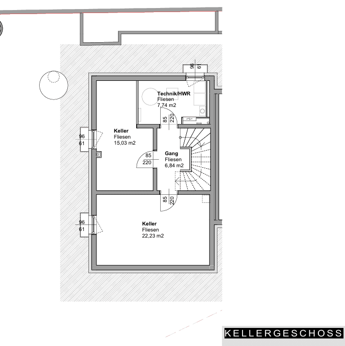 Grundriss des Kellergeschosses mit Technikraum und zwei Kellerräumen.