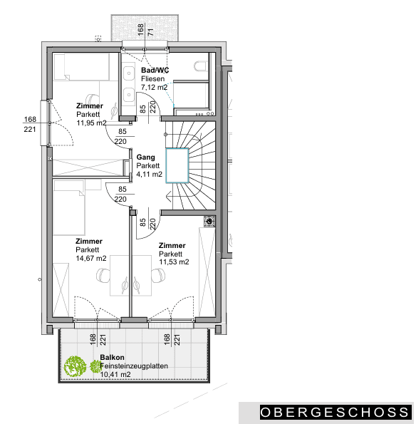 Grundriss des Obergeschosses mit drei Zimmern, einem Badezimmer und einem Balkon.
