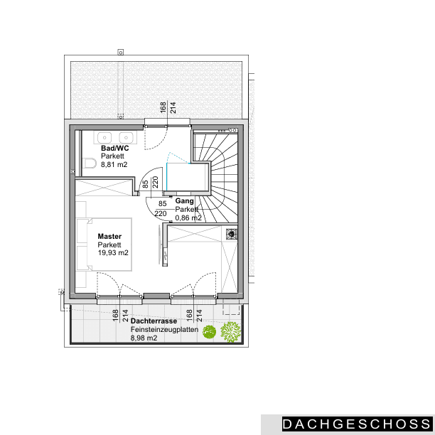 Grundriss des Dachgeschosses mit Master-Schlafzimmer, Bad und Dachterrasse.