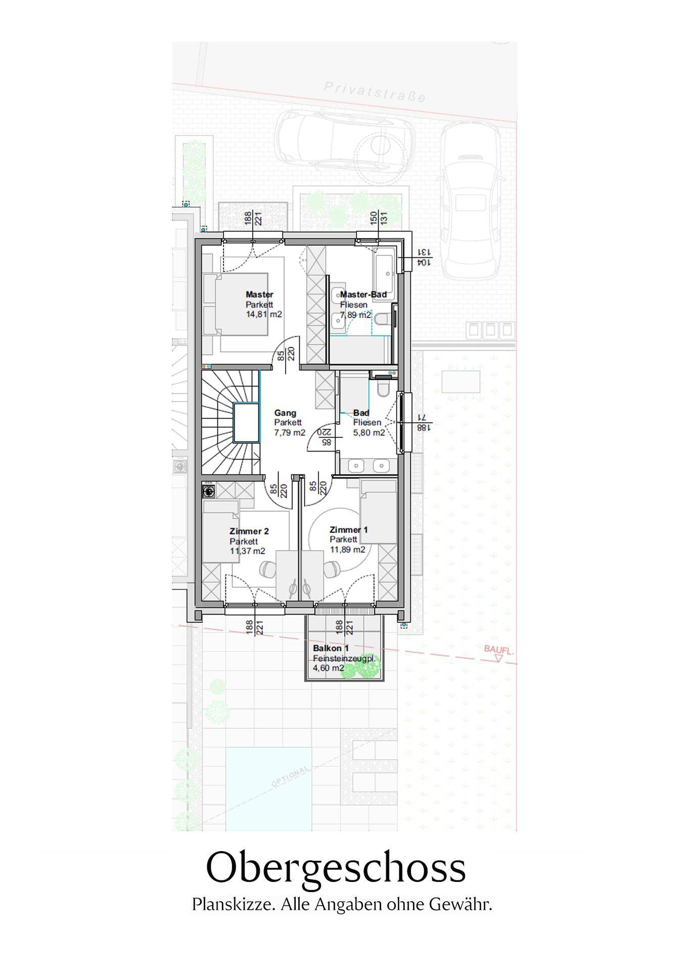 Grundriss des Obergeschosses mit drei Schlafzimmern, zwei Bädern und einem Balkon.