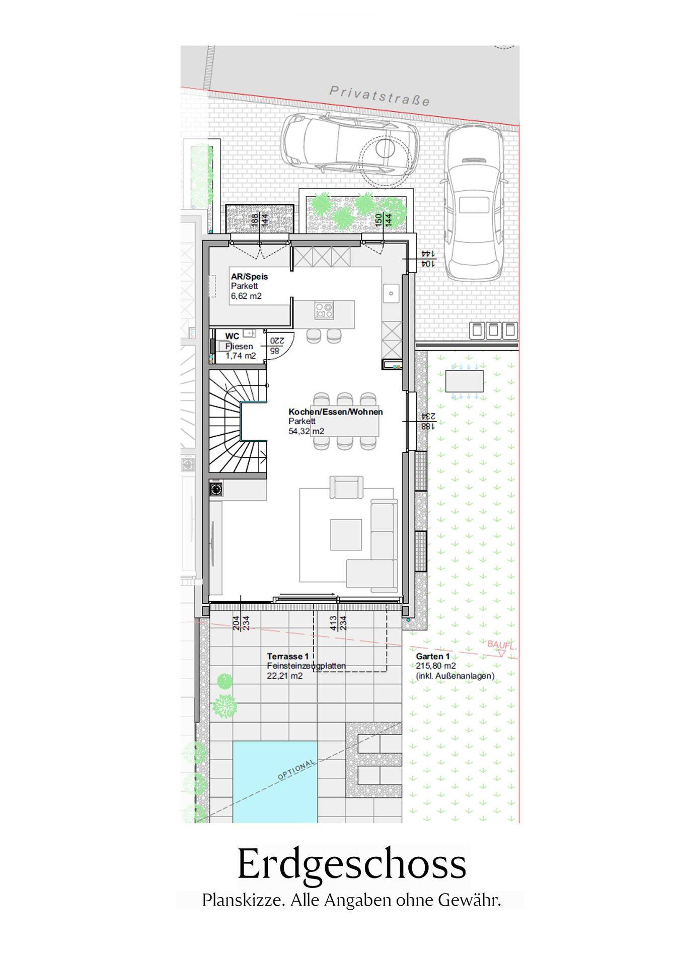 Grundriss des Erdgeschosses mit offenem Wohn-Essbereich, Küche und Terrasse mit Garten.