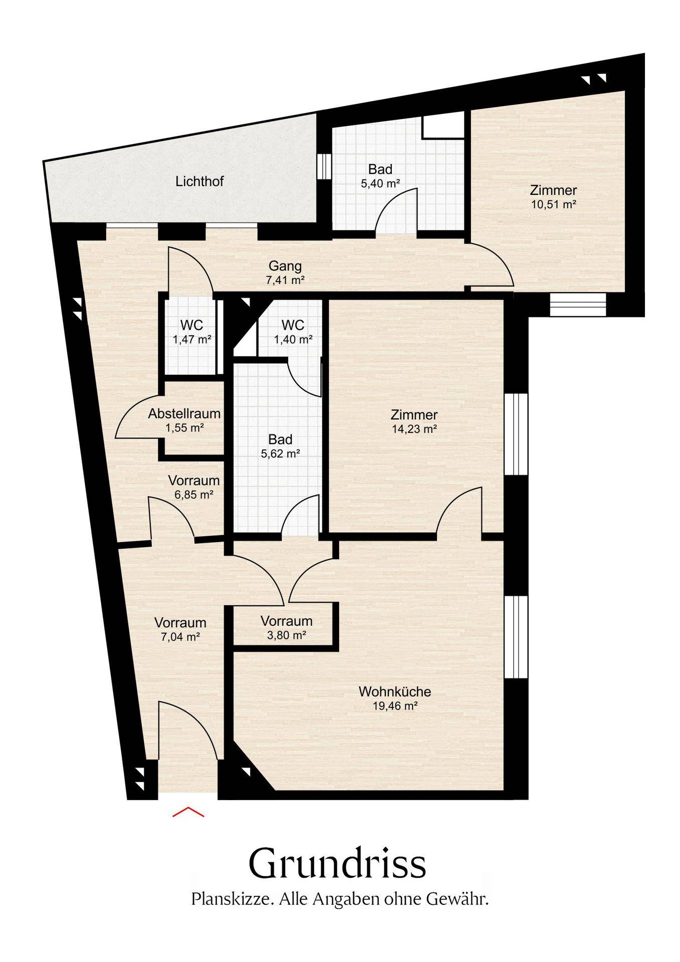 Grundriss der Wohnung mit mehreren Zimmern, Bädern und Abstellraum.