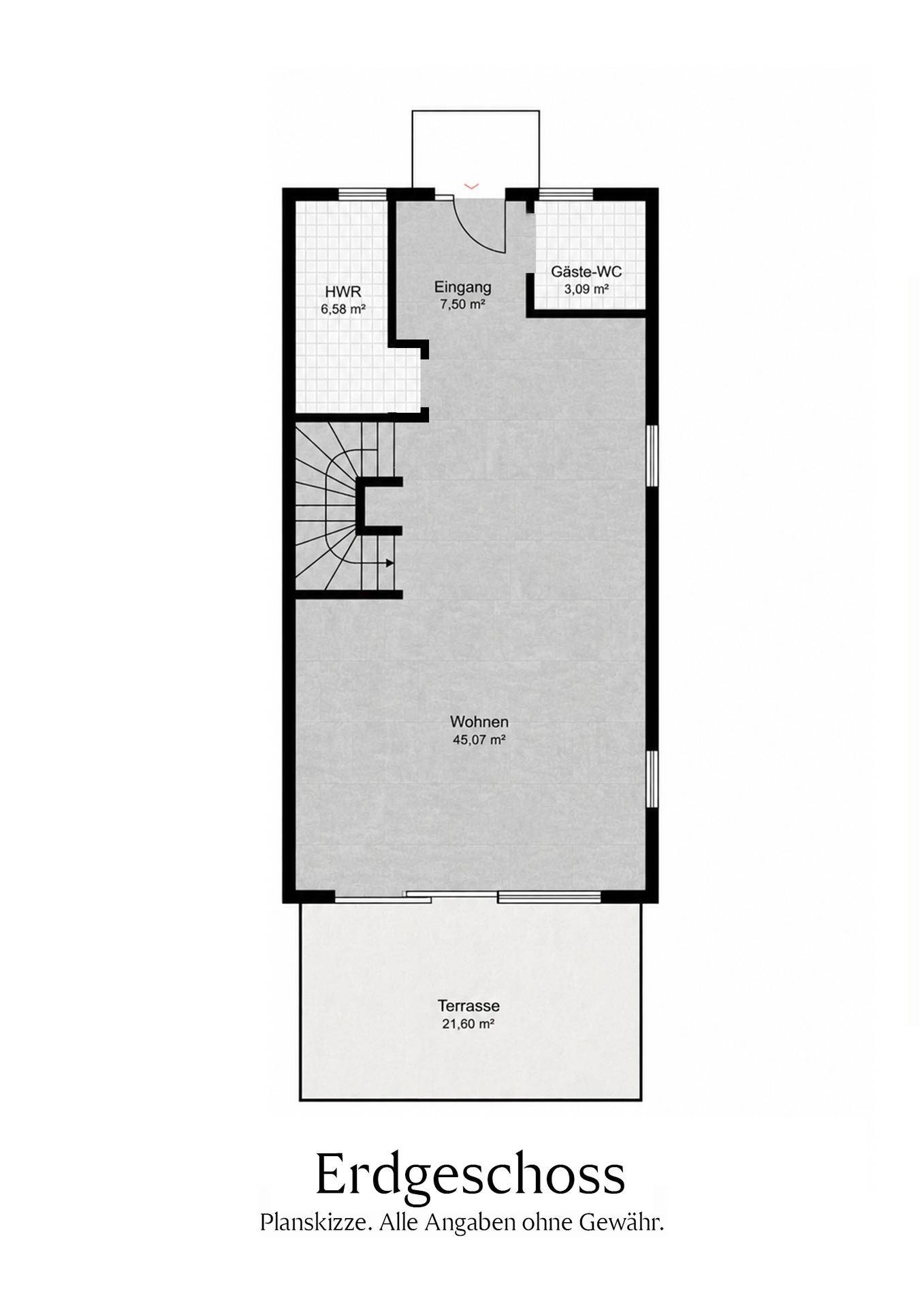 Grundriss des Erdgeschosses mit Wohnbereich, Eingang, Gäste-WC und Terrasse.