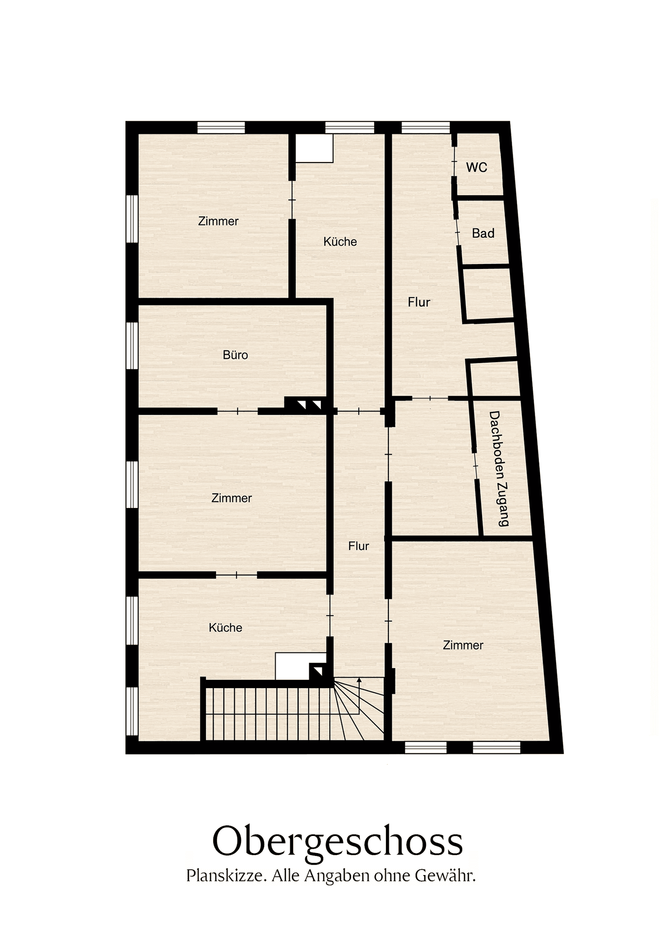 Grundriss des Obergeschosses mit Zimmern, Büro, Flur, WC und Bad.