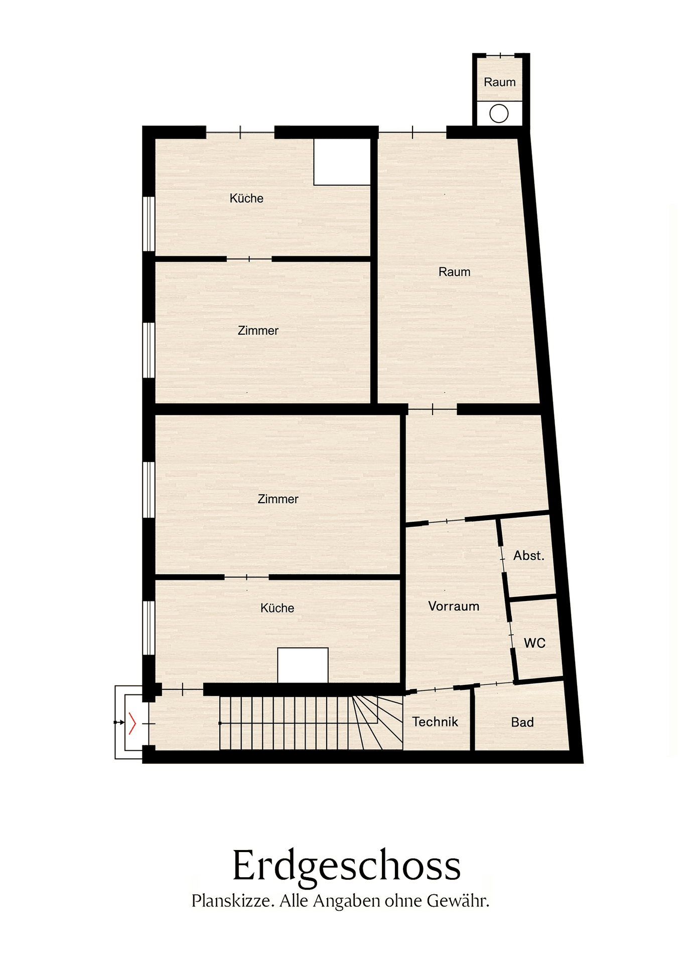 Grundriss des Erdgeschosses mit Küche, Zimmern, Vorraum, WC und Bad.