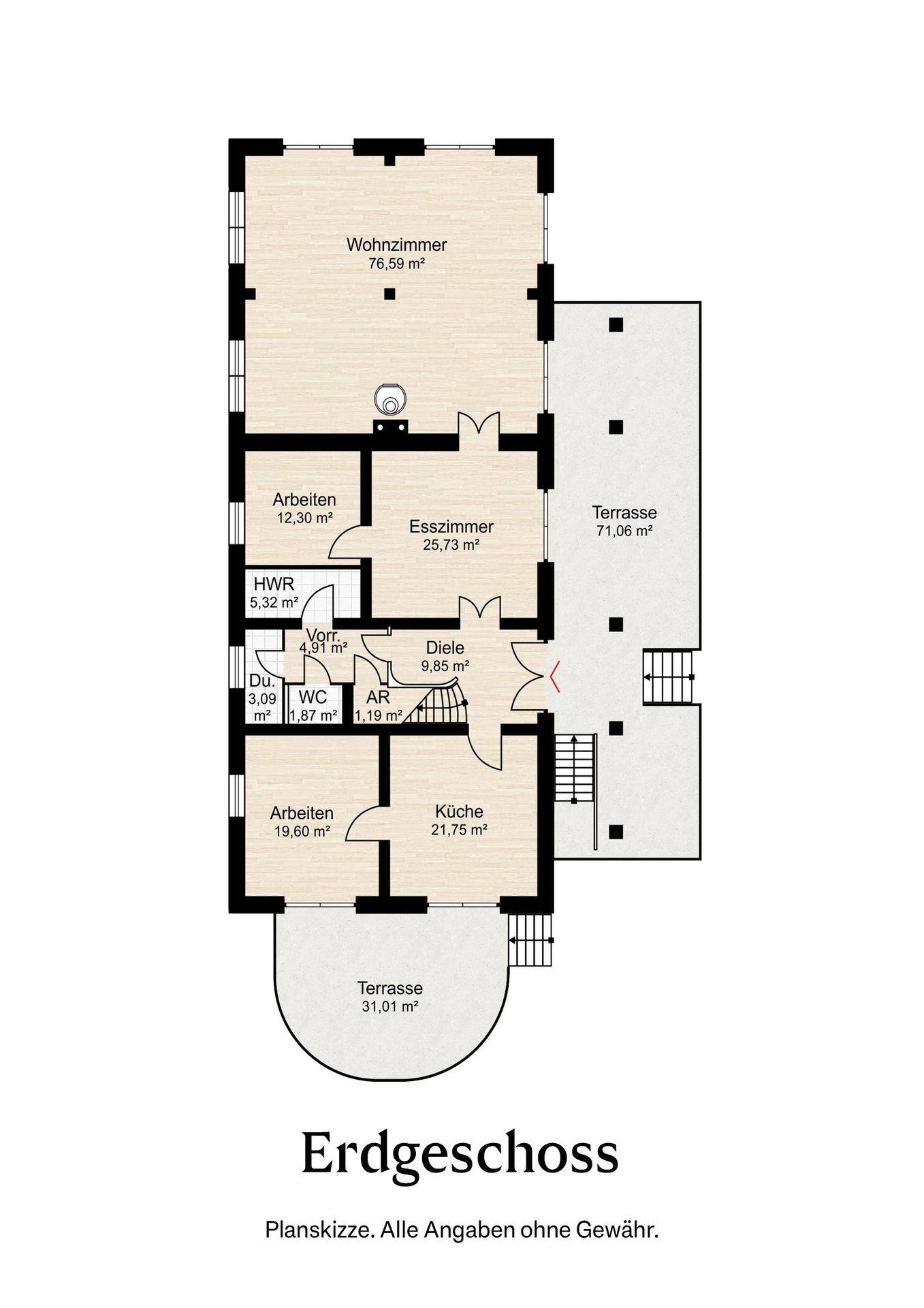 Grundriss des Erdgeschosses mit Wohnzimmer, Esszimmer, Küche und zwei Terrassen.