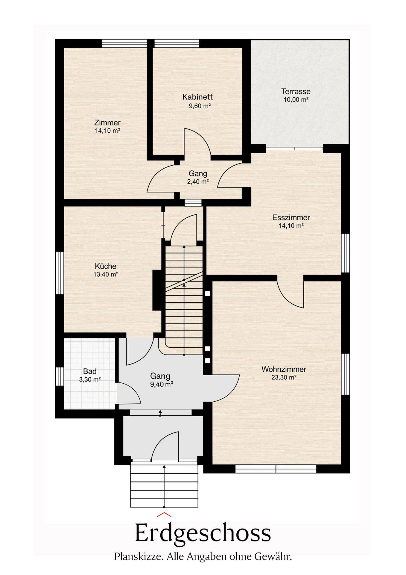 Grundriss des Erdgeschosses mit Wohnzimmer, Esszimmer, Küche und Terrasse.