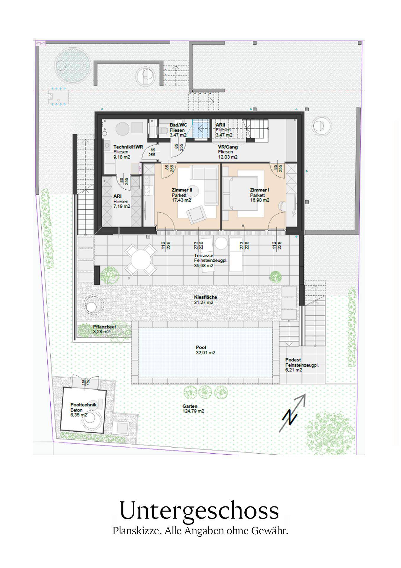 Grundriss des Untergeschosses mit zwei Zimmern, Bad, Technikraum und Zugang zum Garten.