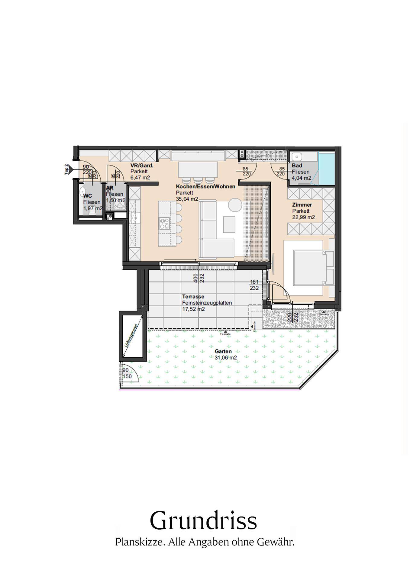 Detaillierter Grundriss einer Wohnung mit offener Küche, Wohnbereich, Schlafzimmer und Terrasse mit Garten.