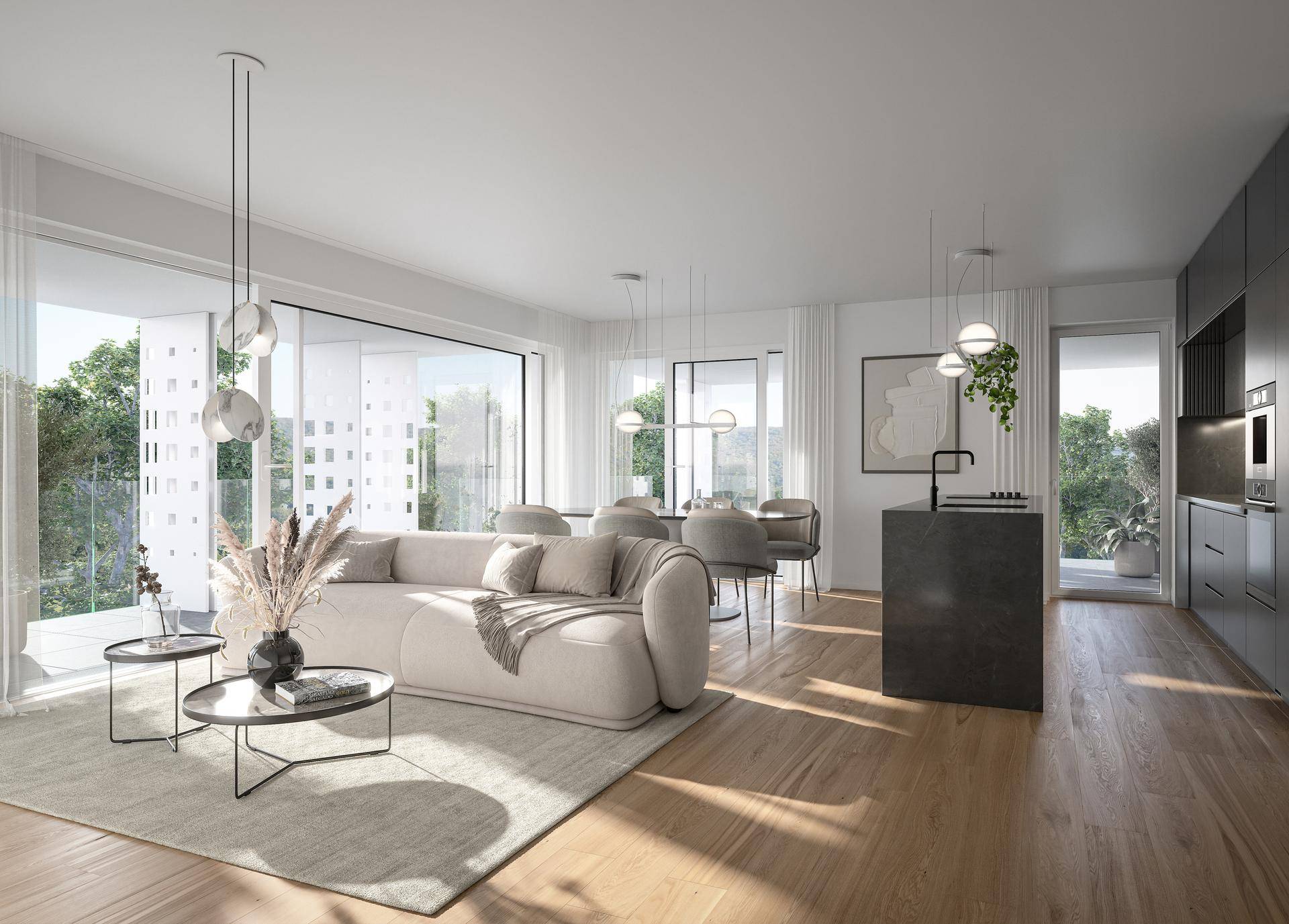 Heller, offener Wohn-Essbereich mit moderner Küche, Holzboden und Zugang zum Balkon.