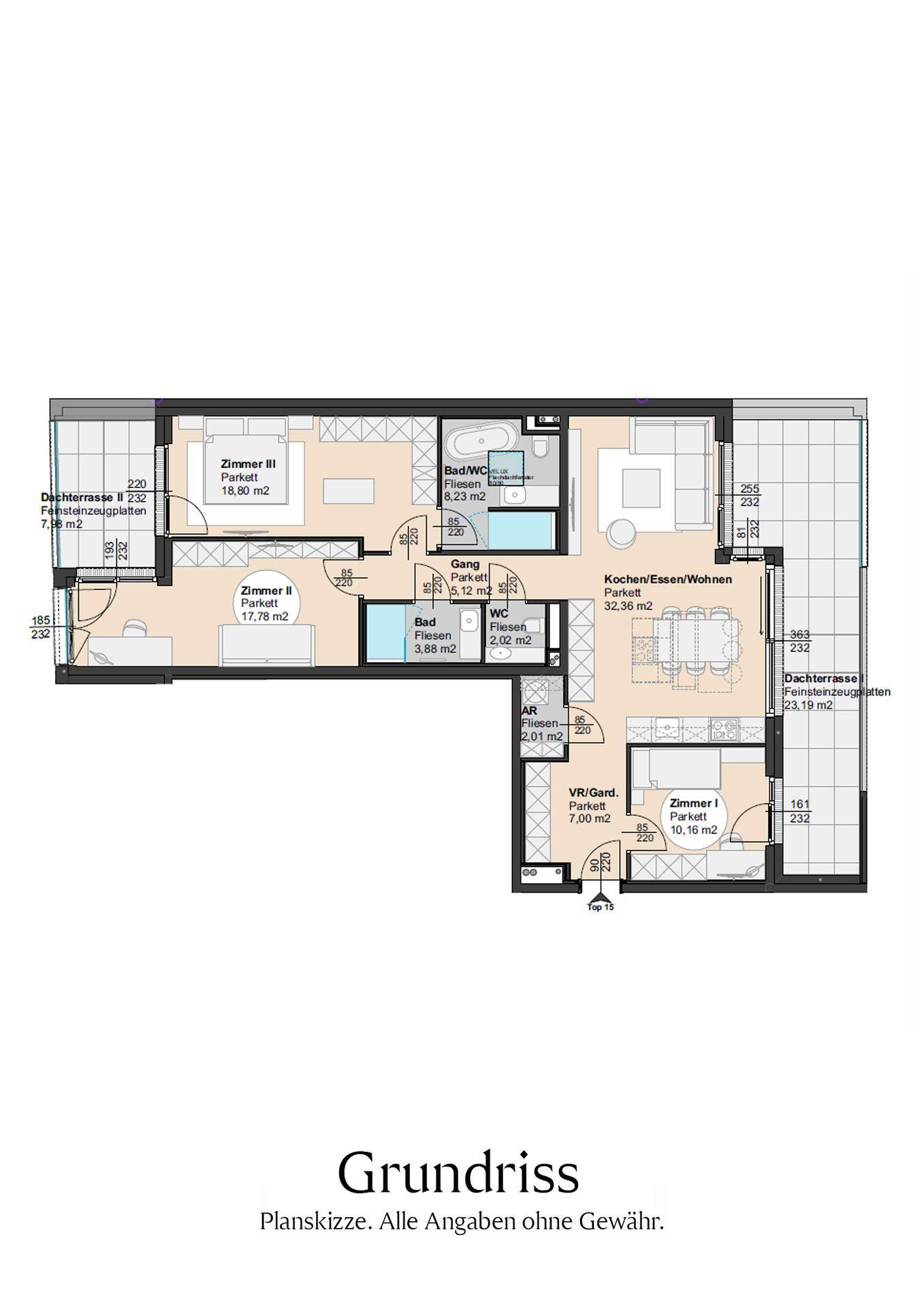 Detaillierter Grundriss einer Wohnung mit drei Zimmern, zwei Bädern und Dachterrassen.