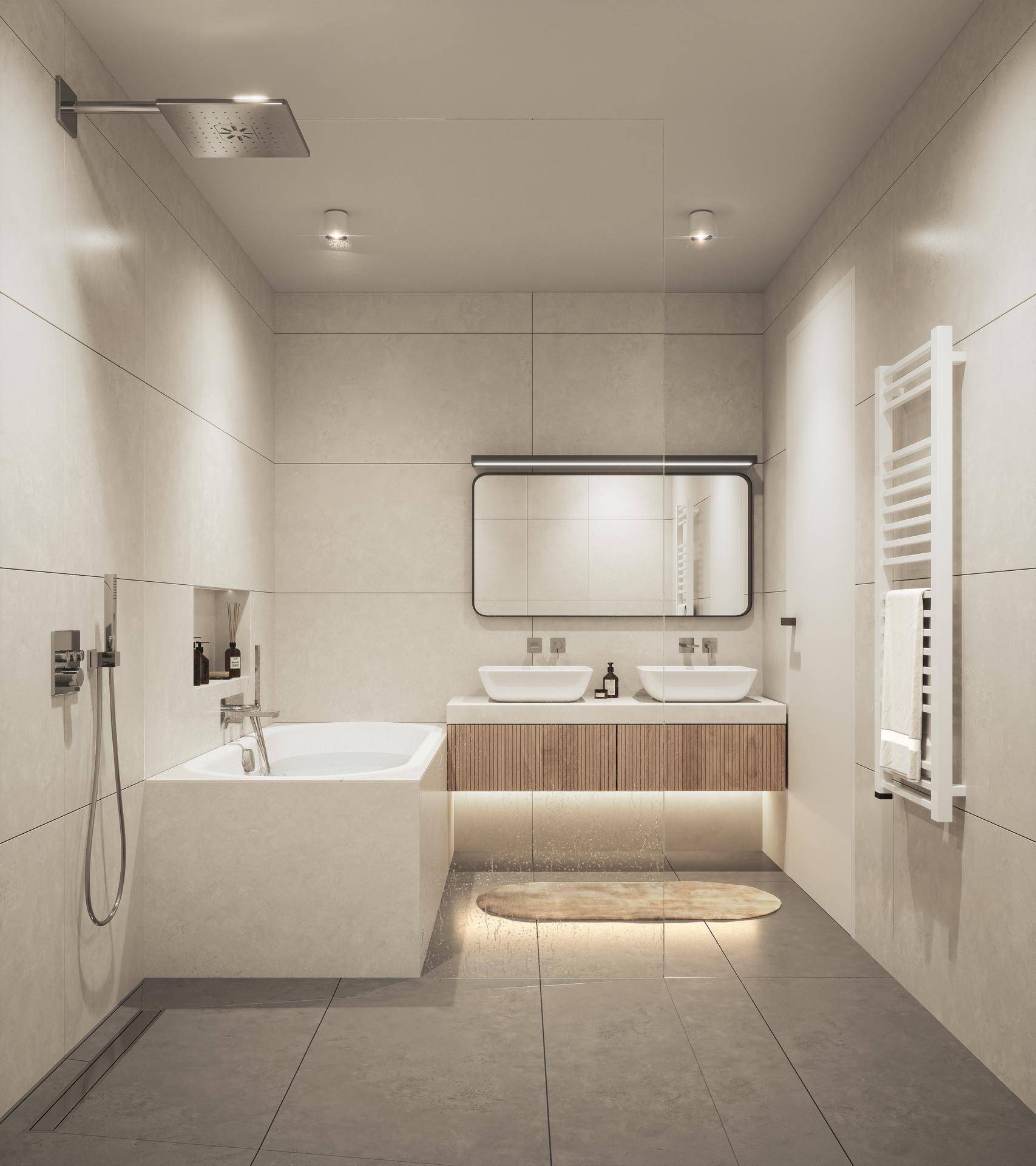 Modernes Badezimmer mit Doppelwaschbecken, Badewanne, Regendusche und beheiztem Handtuchhalter.