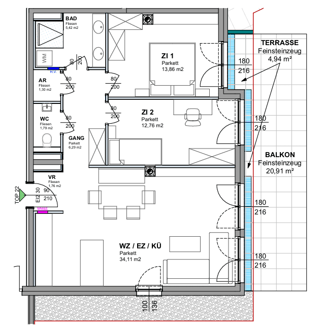 Detaillierter Grundriss einer Wohnung mit zwei Zimmern, offenem Wohnbereich, Bad, WC, Terrasse und Balkon.