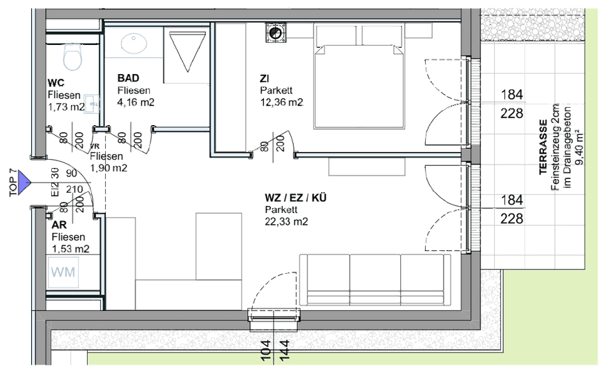 Grundriss einer Wohnung mit offenem Wohn-/Ess-/Kochbereich und einer Terrasse.