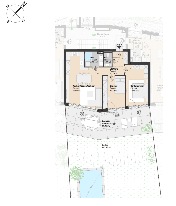 Grundriss einer Wohnung mit drei Zimmern, offener Küche, Terrasse, Garten und optionalem Pool.