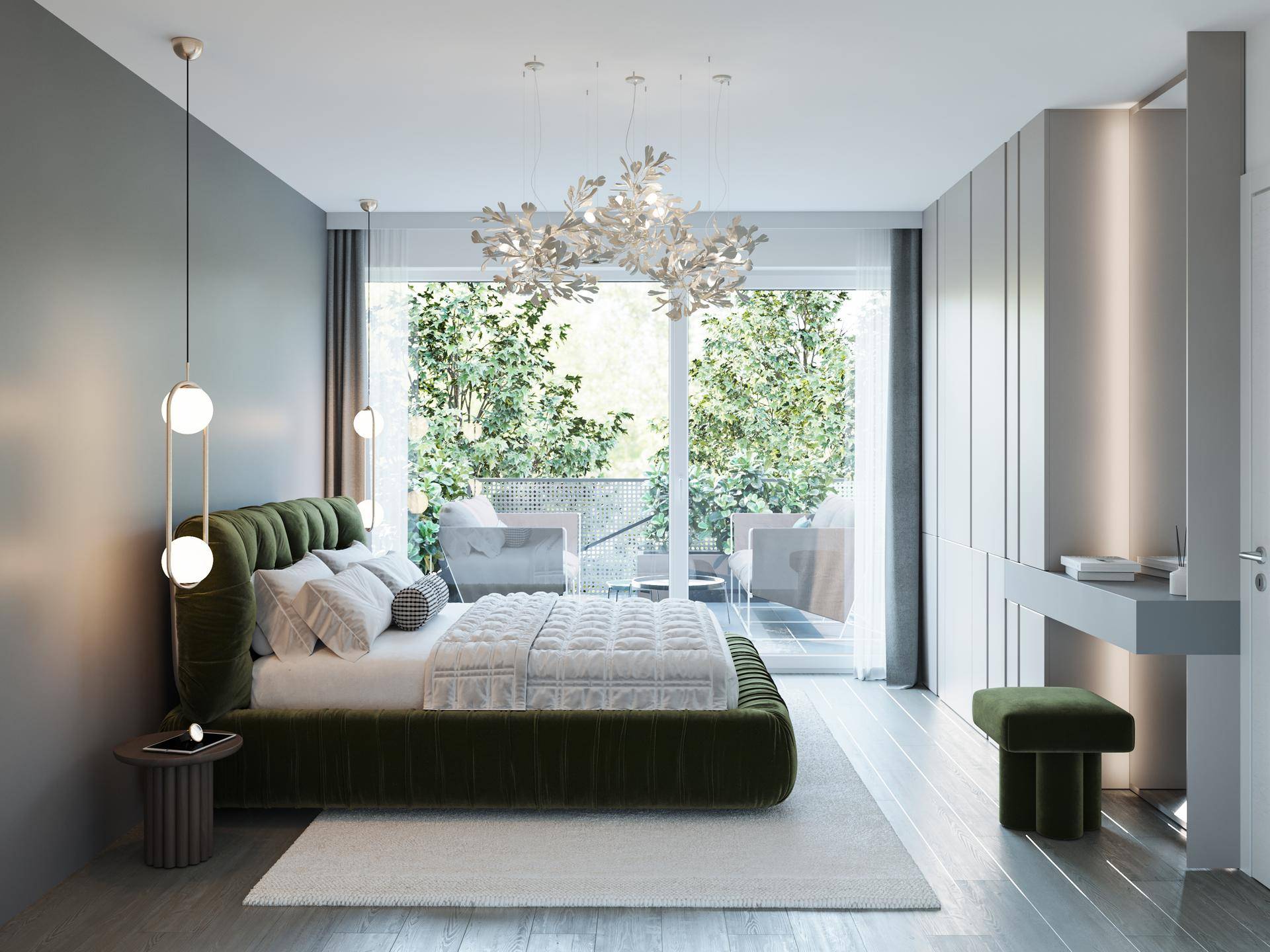 Modernes Schlafzimmer mit grünem Polsterbett, Holzboden und Zugang zu einem Balkon.