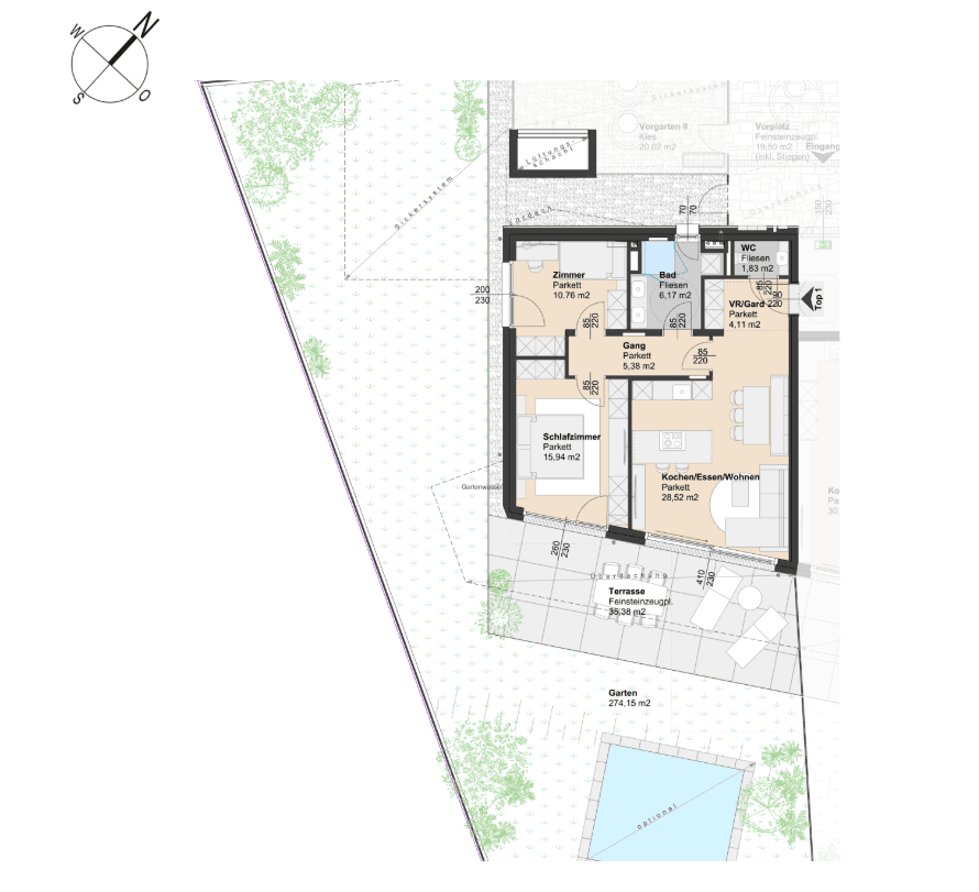 Detaillierter Grundriss einer Wohnung mit Garten, Terrasse und optionalem Poolbereich.