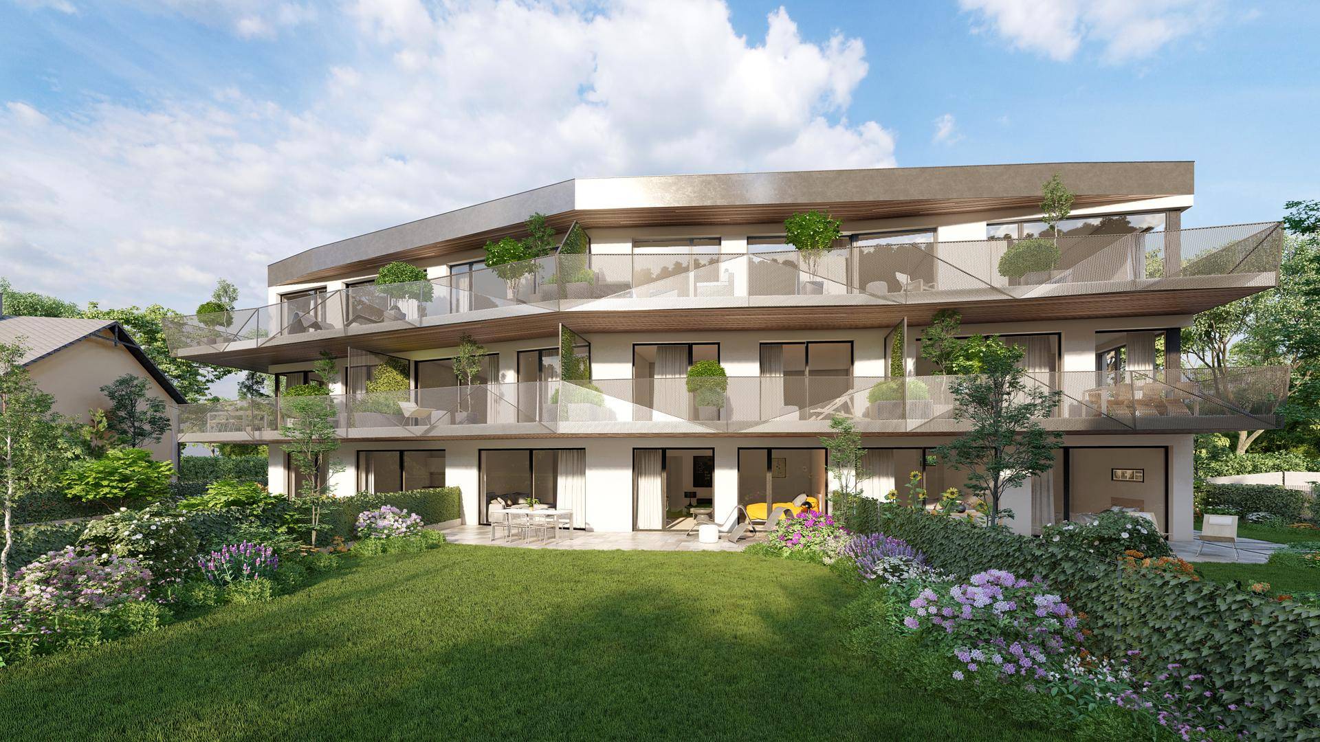 Moderne Wohnanlage mit großzügigen Balkonen, Terrassen und einem gepflegten Gartenbereich.