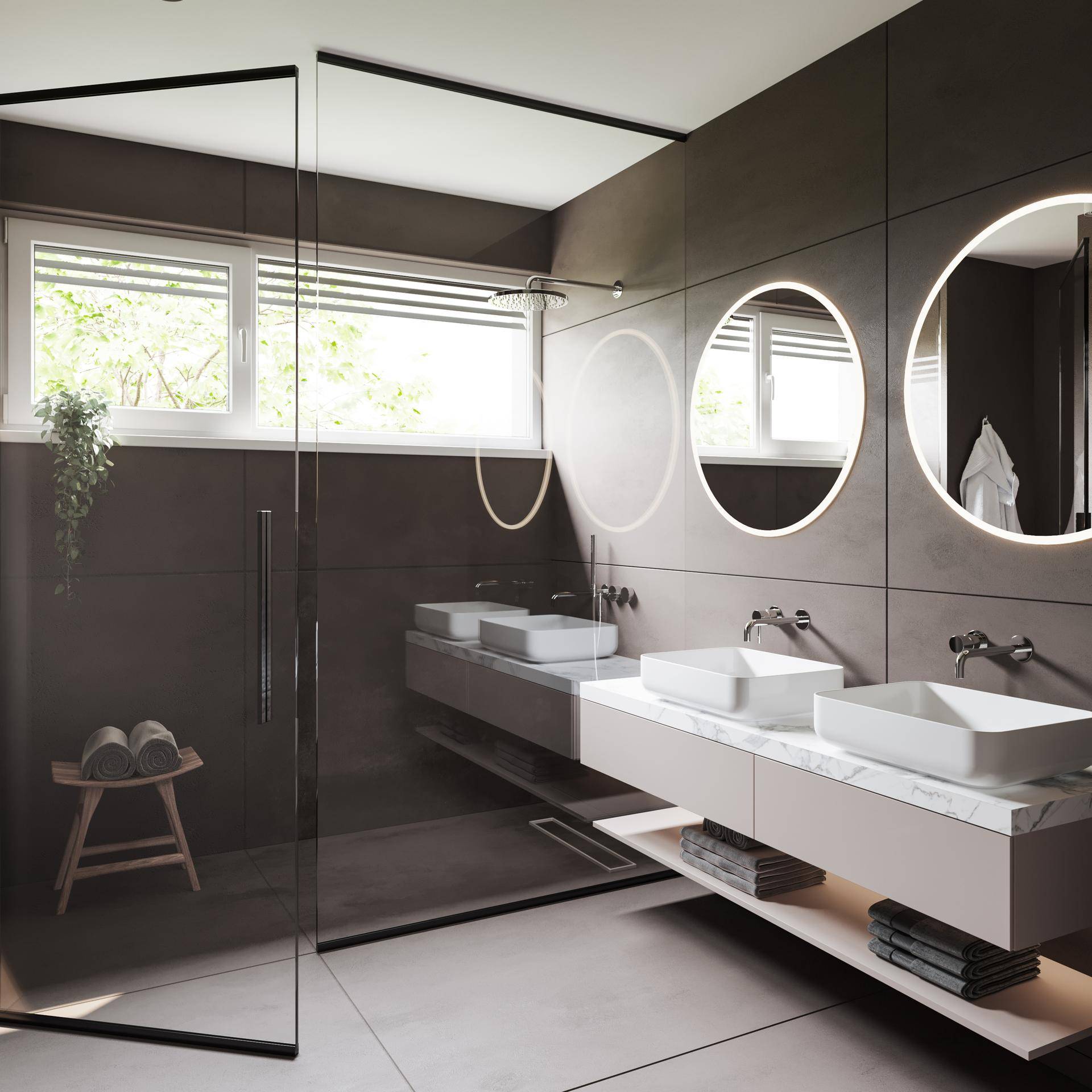 Modernes Badezimmer mit Doppelwaschbecken, großer Dusche und Fenster für natürliches Licht.