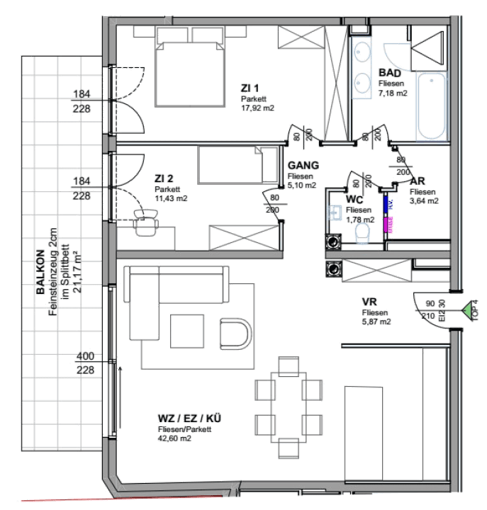 Detaillierter Grundriss einer Wohnung mit Balkon, zwei Schlafzimmern und offenem Wohnbereich.