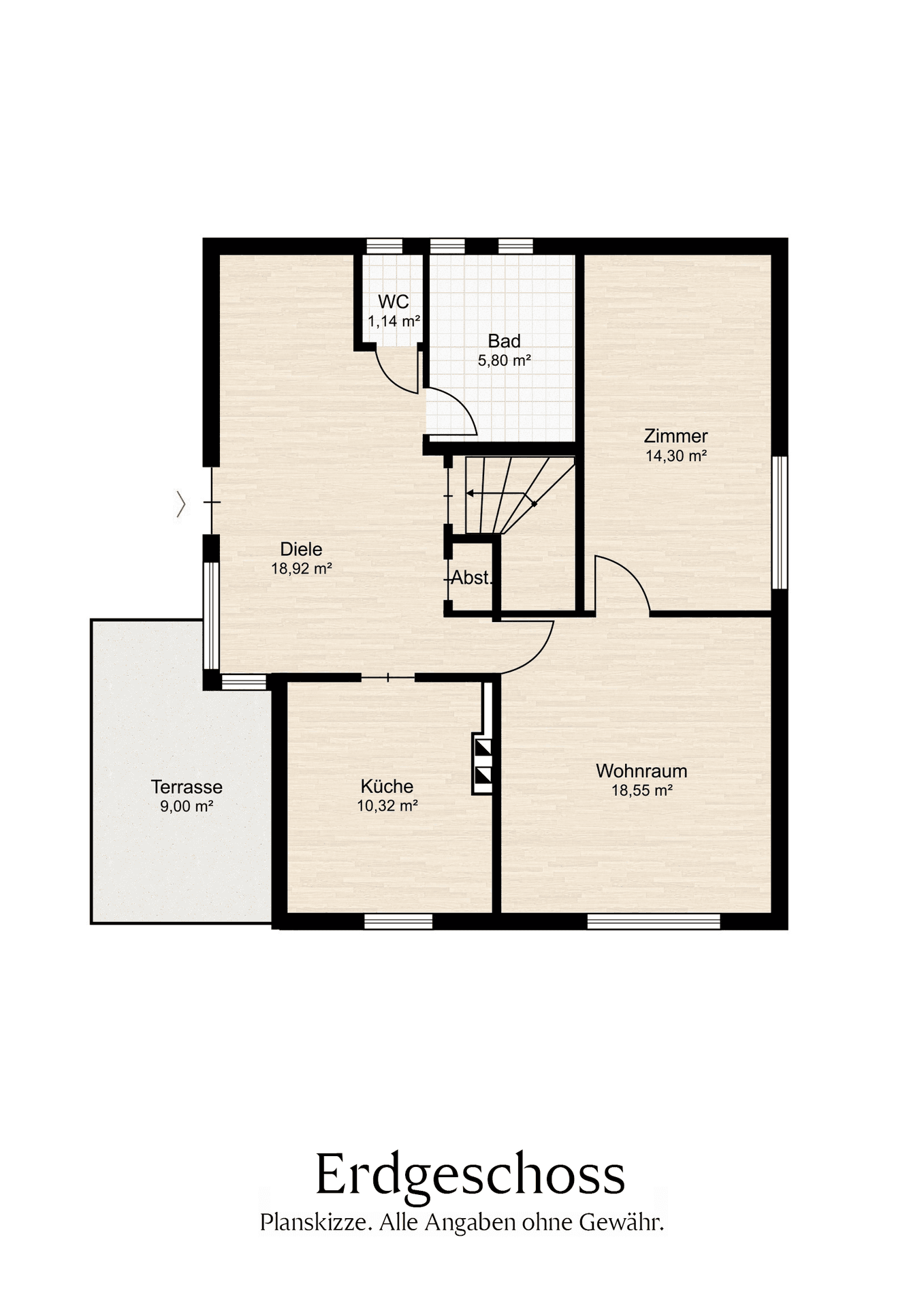 Grundriss des Erdgeschosses mit Wohnraum, Küche, Bad, WC und Terrasse.