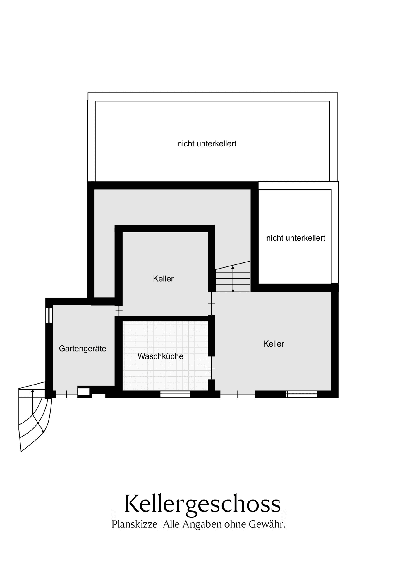 Grundriss des Kellergeschosses mit Waschküche, Kellerräumen und Geräteraum.