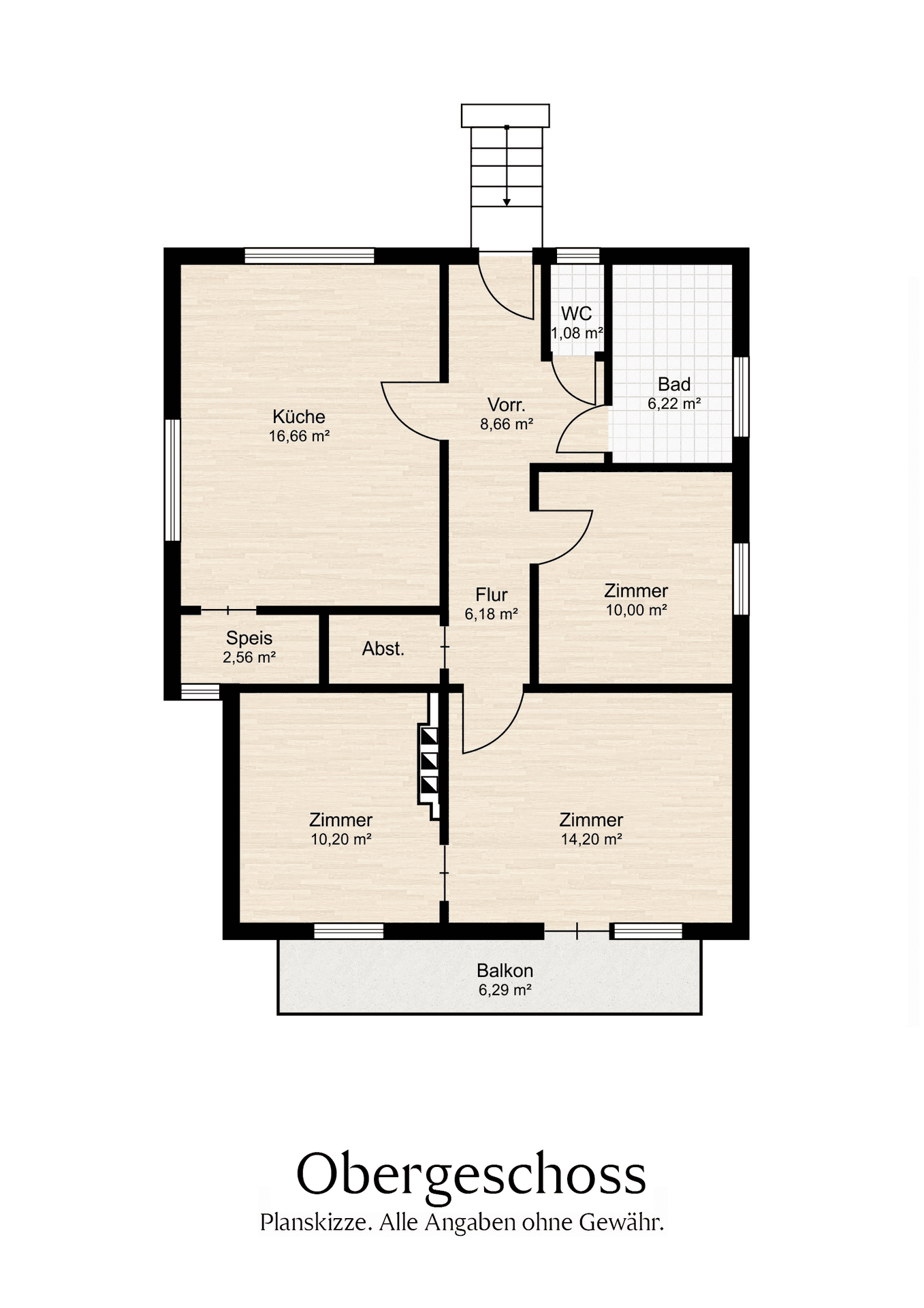Grundriss des Obergeschosses mit Küche, Bad, WC, drei Zimmern und Balkon.