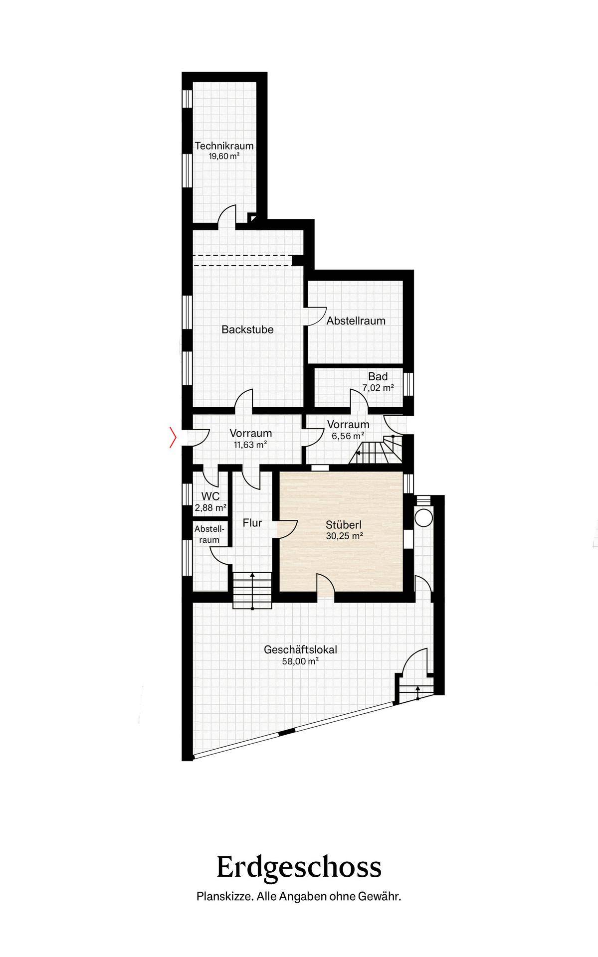 Grundriss des Erdgeschosses mit Technikraum, Backstube und Geschäftslokal.