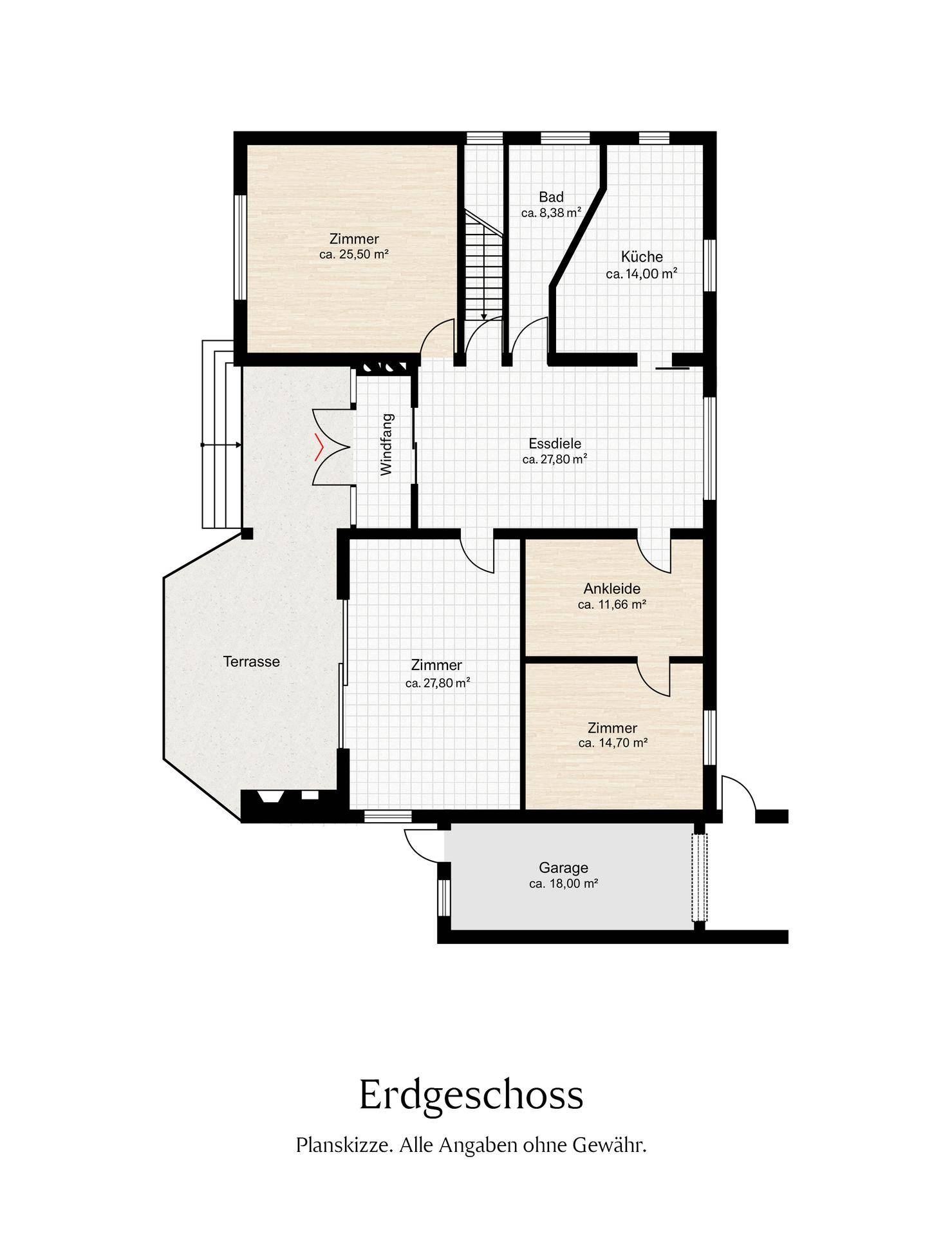 Grundriss des Erdgeschosses mit Terrasse, Zimmern und Garage.