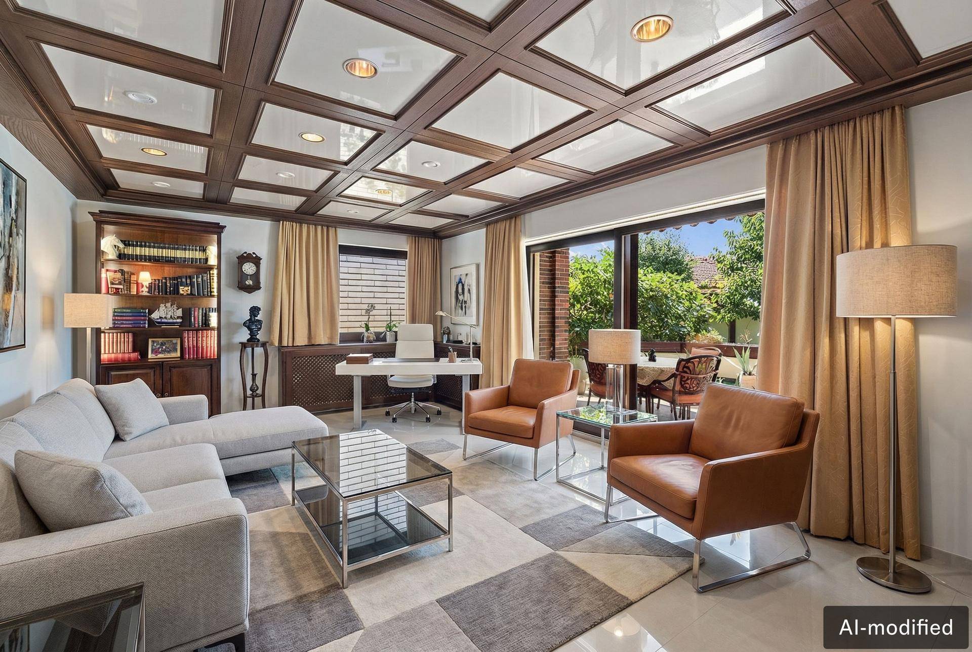 Modernisiertes Wohnzimmer mit stilvollen Ledersesseln, Couch und Blick in den Garten.