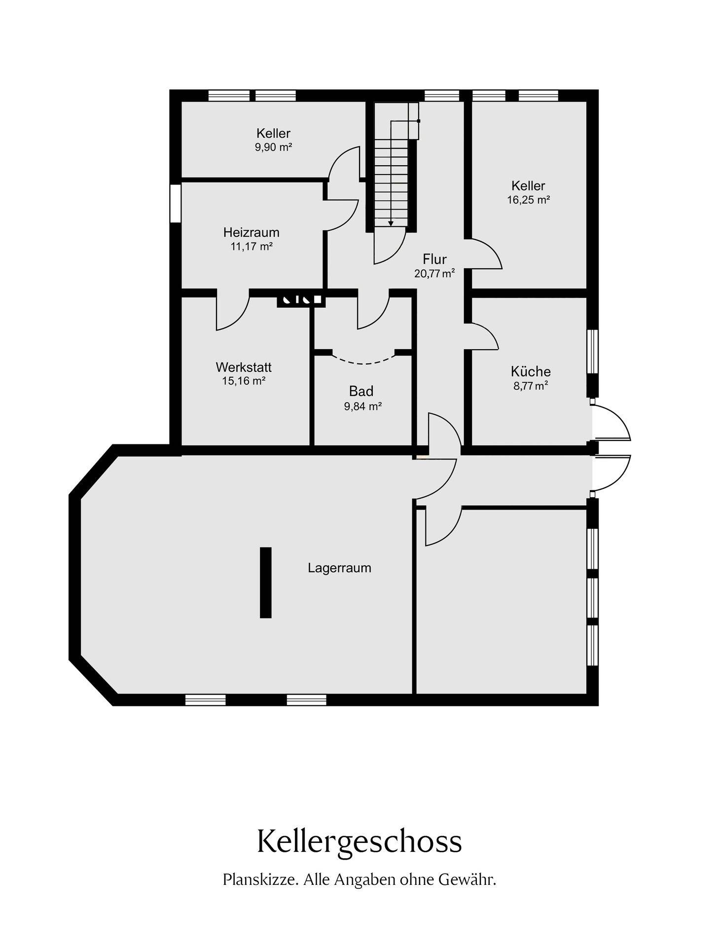 Grundriss des Kellergeschosses mit Kellerräumen, Heizraum und Werkstatt.