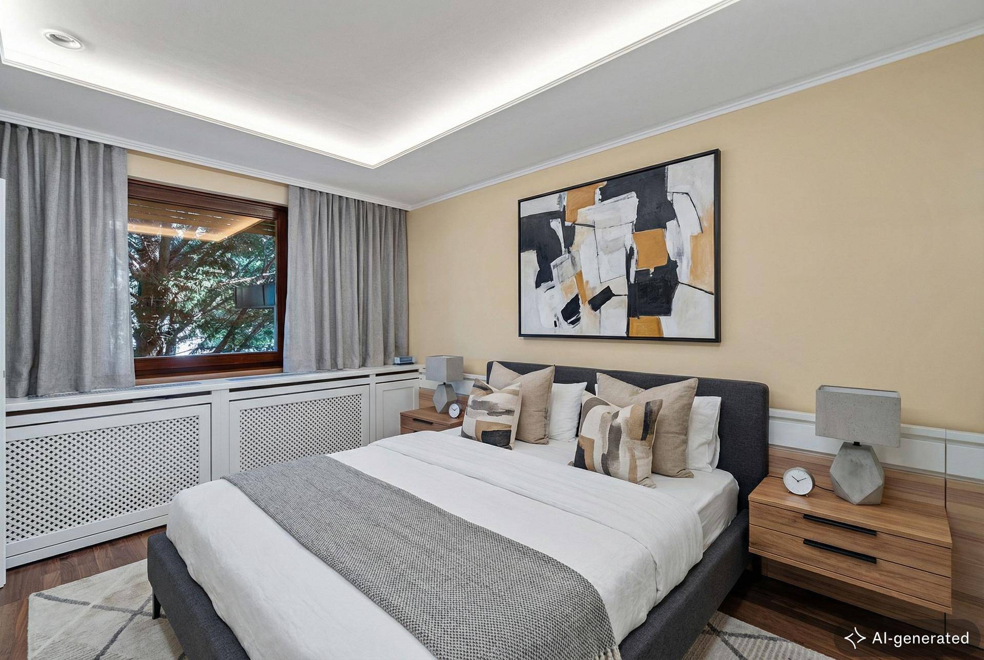 Modernes Schlafzimmer mit großem Bett, Kunstwerk und stilvoller Dekoration.
