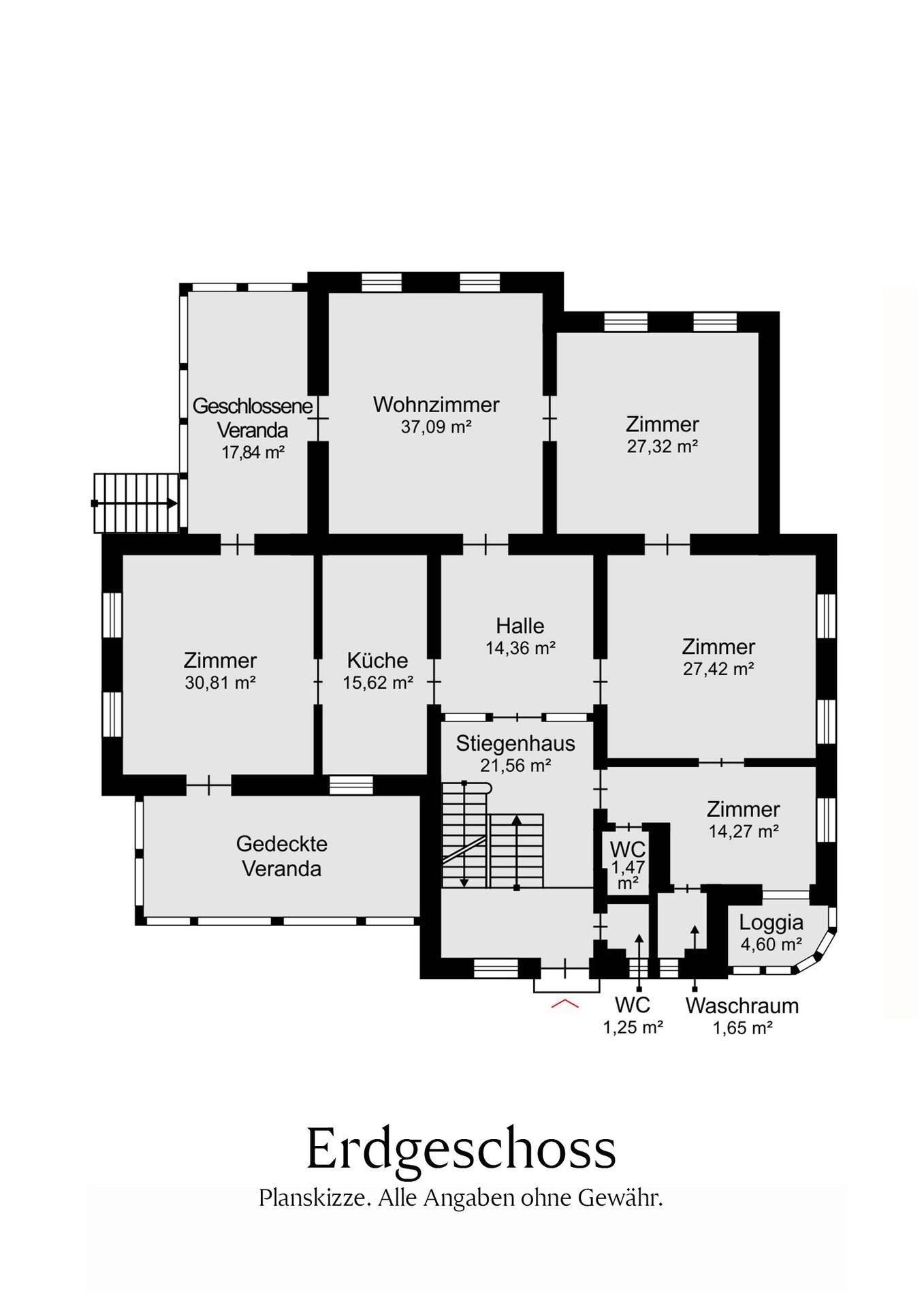 Grundriss des Erdgeschosses mit Wohnzimmer, Küche und Veranden.