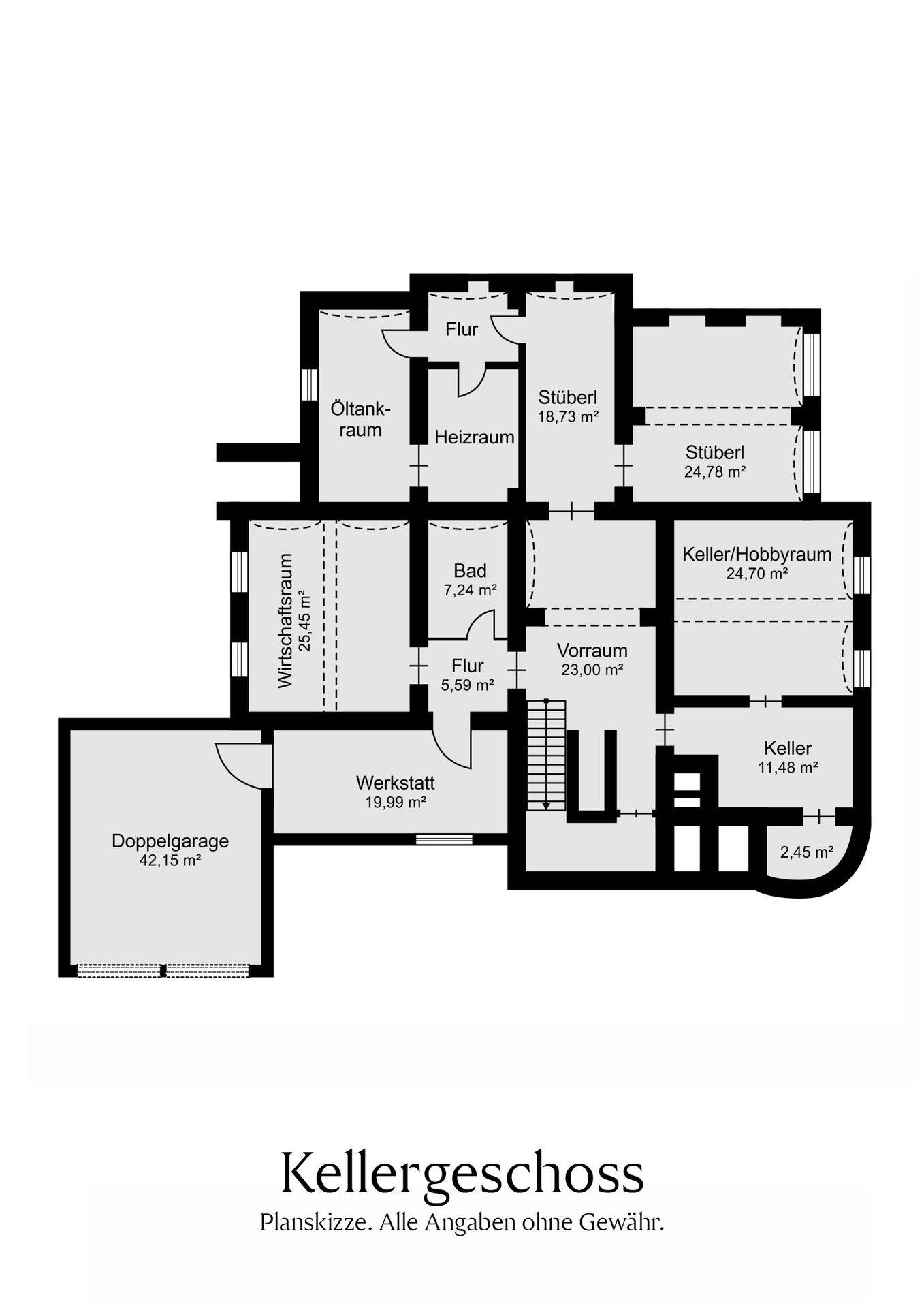 Grundriss des Kellergeschosses mit Doppelgarage, Werkstatt und Kellerräumen.