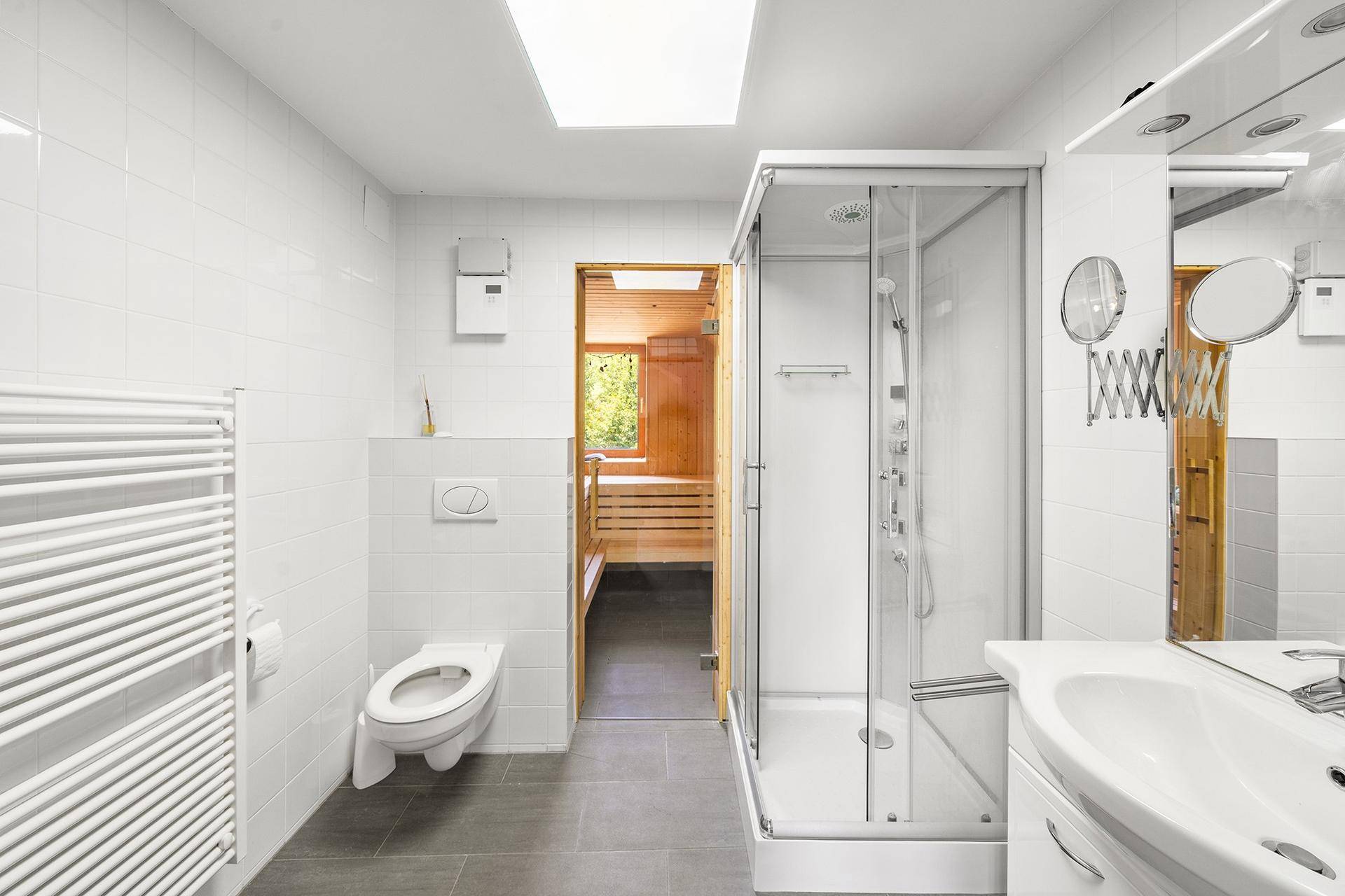Modernes Badezimmer mit Dusche, WC, Waschbecken und direktem Zugang zu einer Sauna.