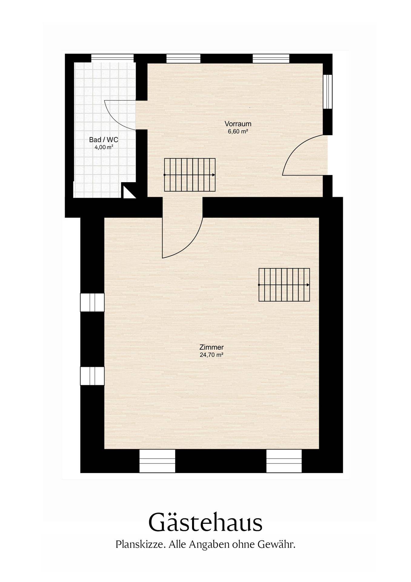 Grundriss des Gästehauses mit Vorraum, einem Zimmer und einem Bad/WC.