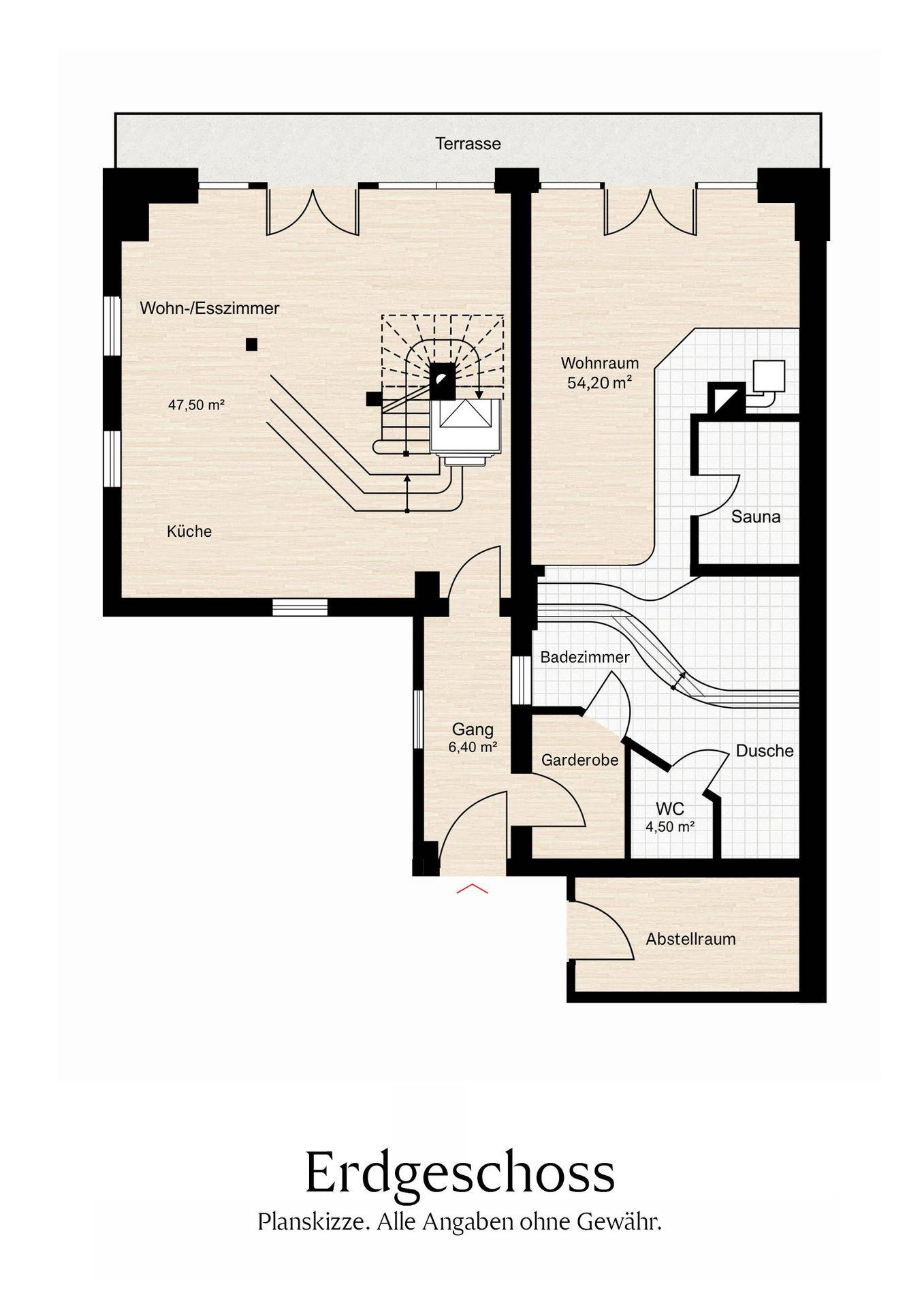 Grundriss des Erdgeschosses mit Wohn-/Esszimmer, separatem Wohnraum, Sauna und Zugang zur Terrasse.