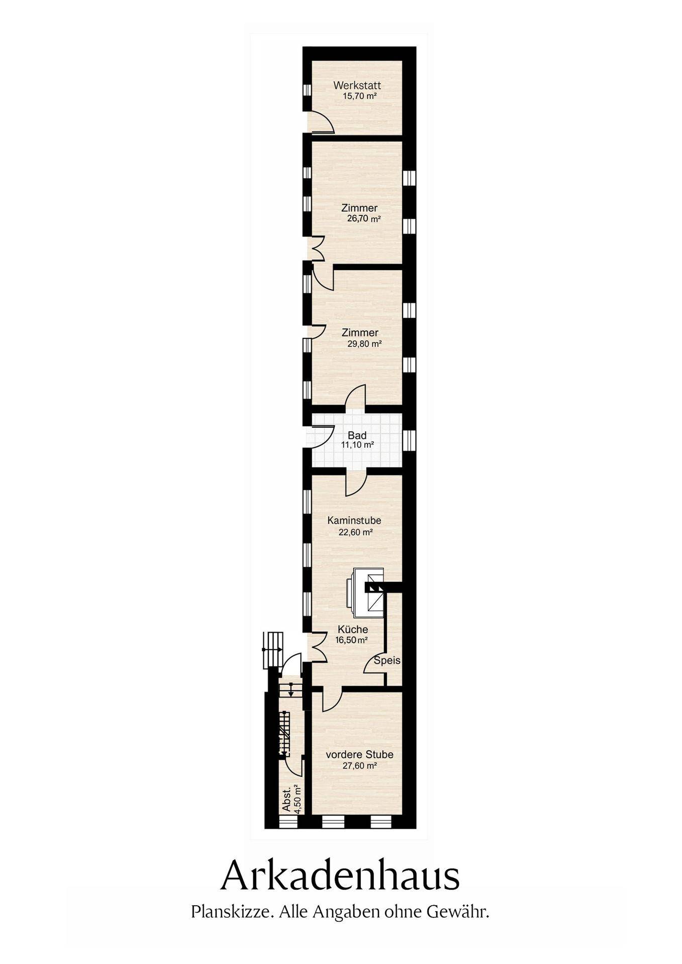 Grundriss des Arkadenhauses mit Werkstatt, mehreren Zimmern, Bad und Küche.