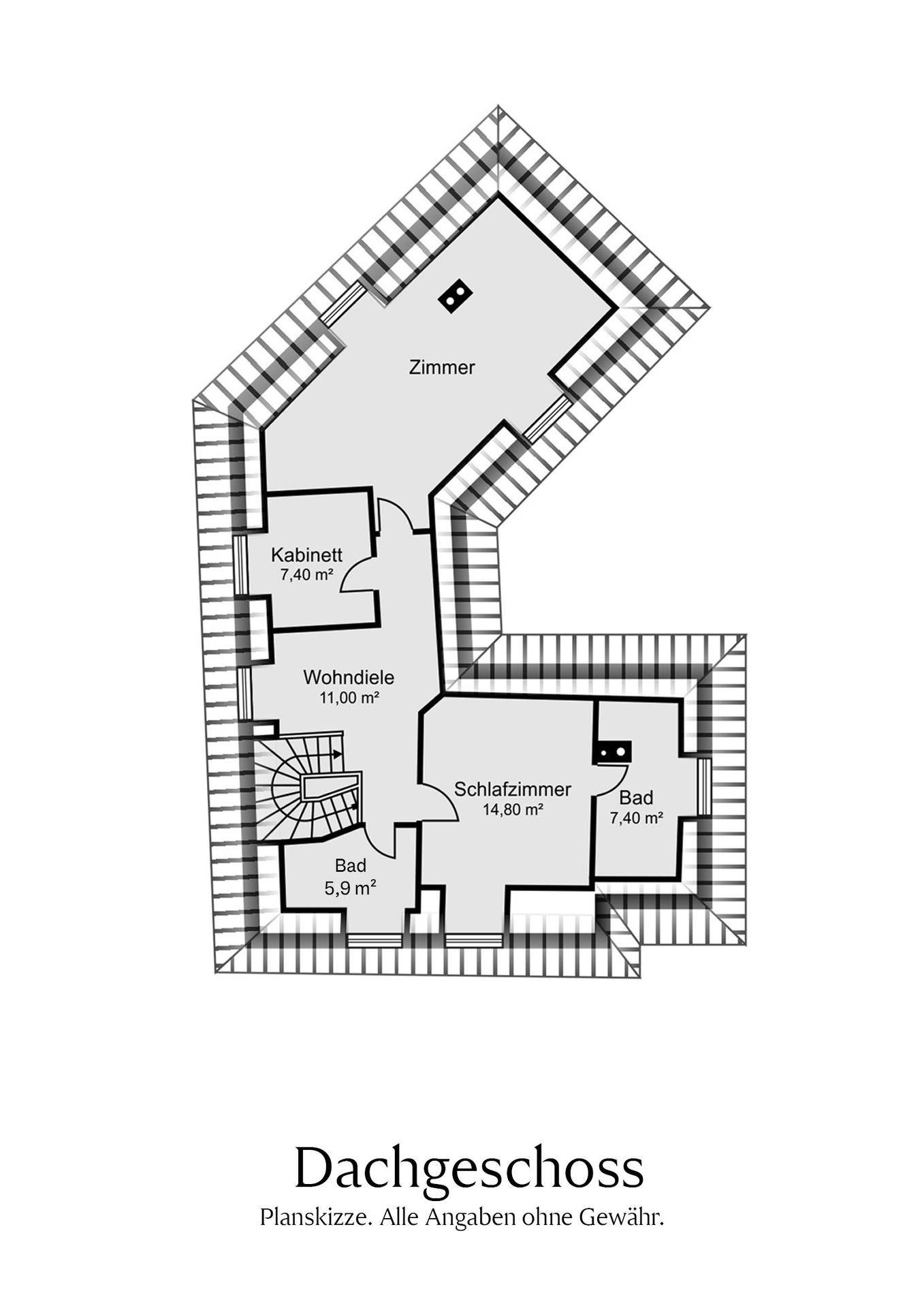 Grundriss des Dachgeschosses mit Schlafzimmer, weiterem Zimmer, Kabinett und zwei Badezimmern.