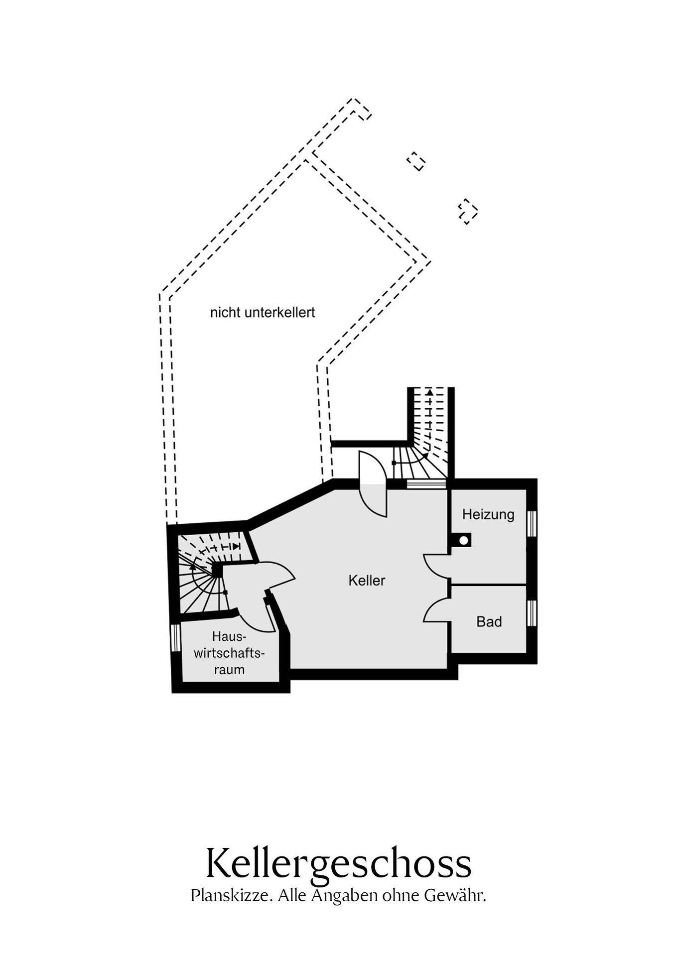 Grundriss des Kellergeschosses mit Kellerraum, Hauswirtschaftsraum und einem Badezimmer.