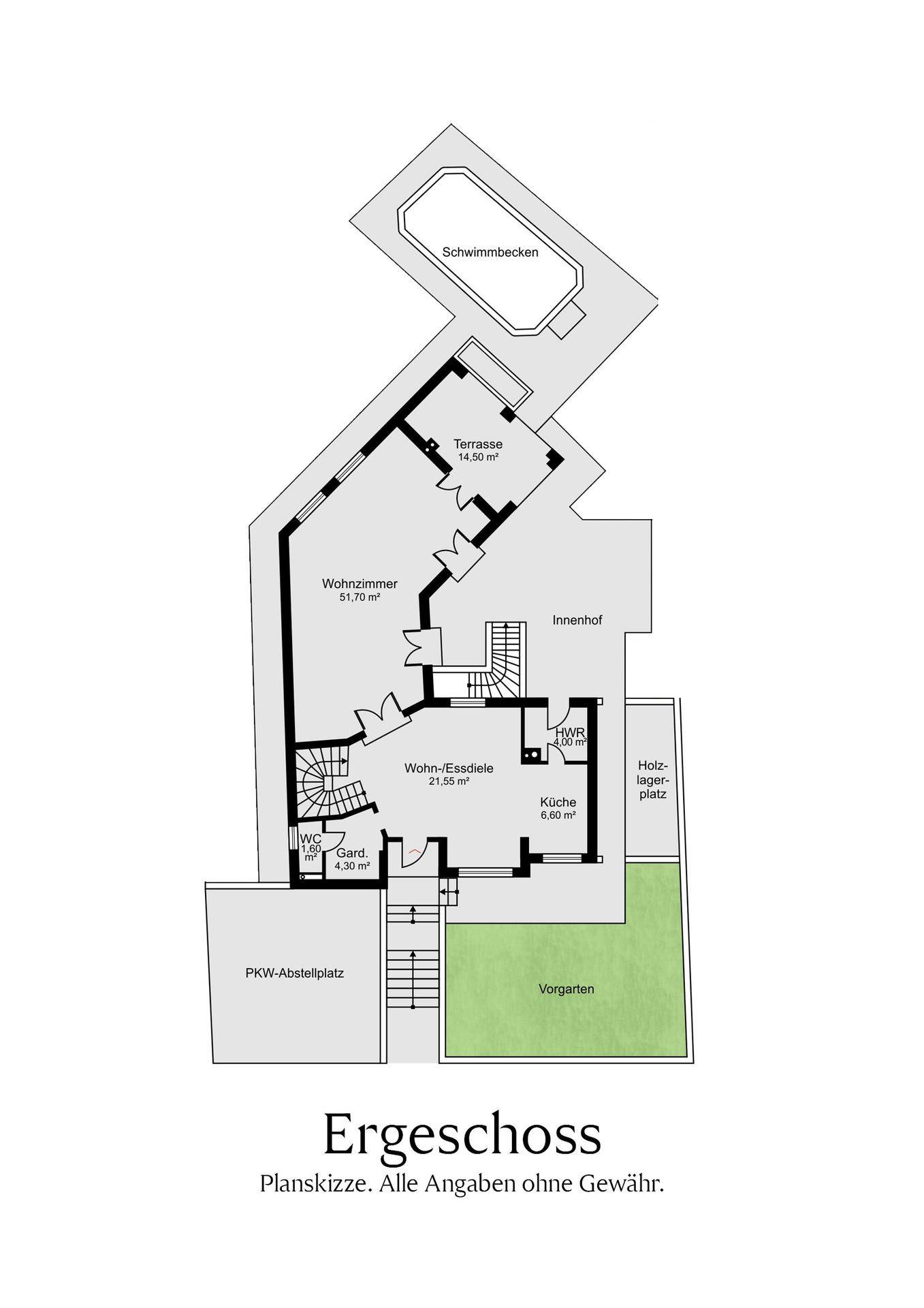Grundriss des Erdgeschosses mit Wohnzimmer, Essdiele, Küche, Terrasse, Pool und PKW-Abstellplatz.