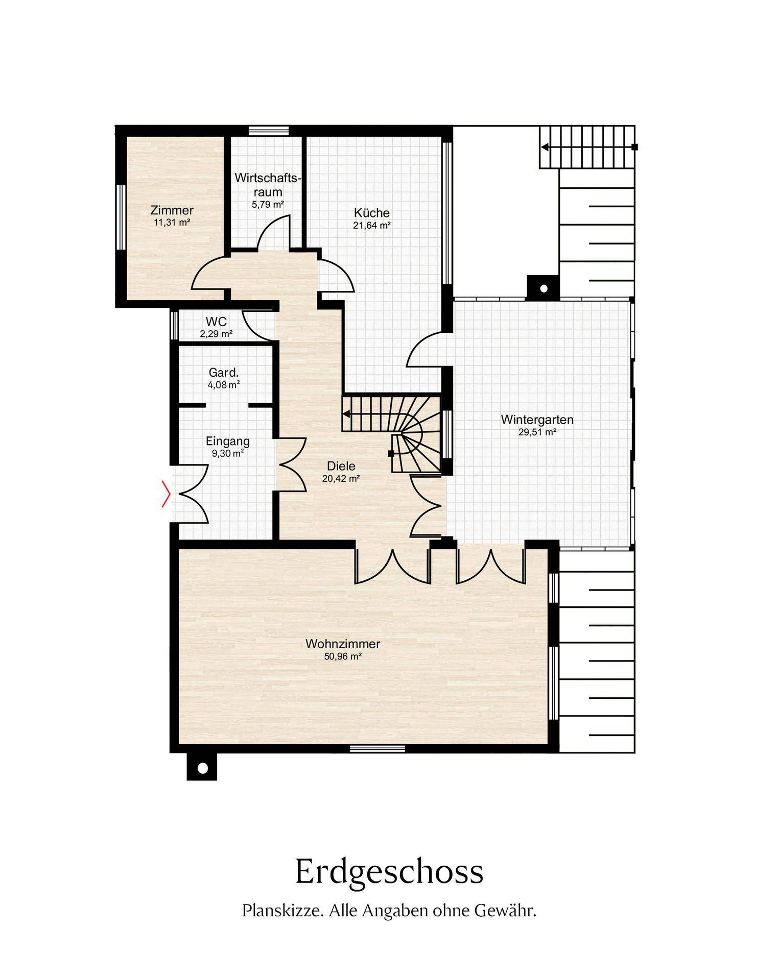Grundriss des Erdgeschosses mit Wohnzimmer, Küche und großem Wintergarten.