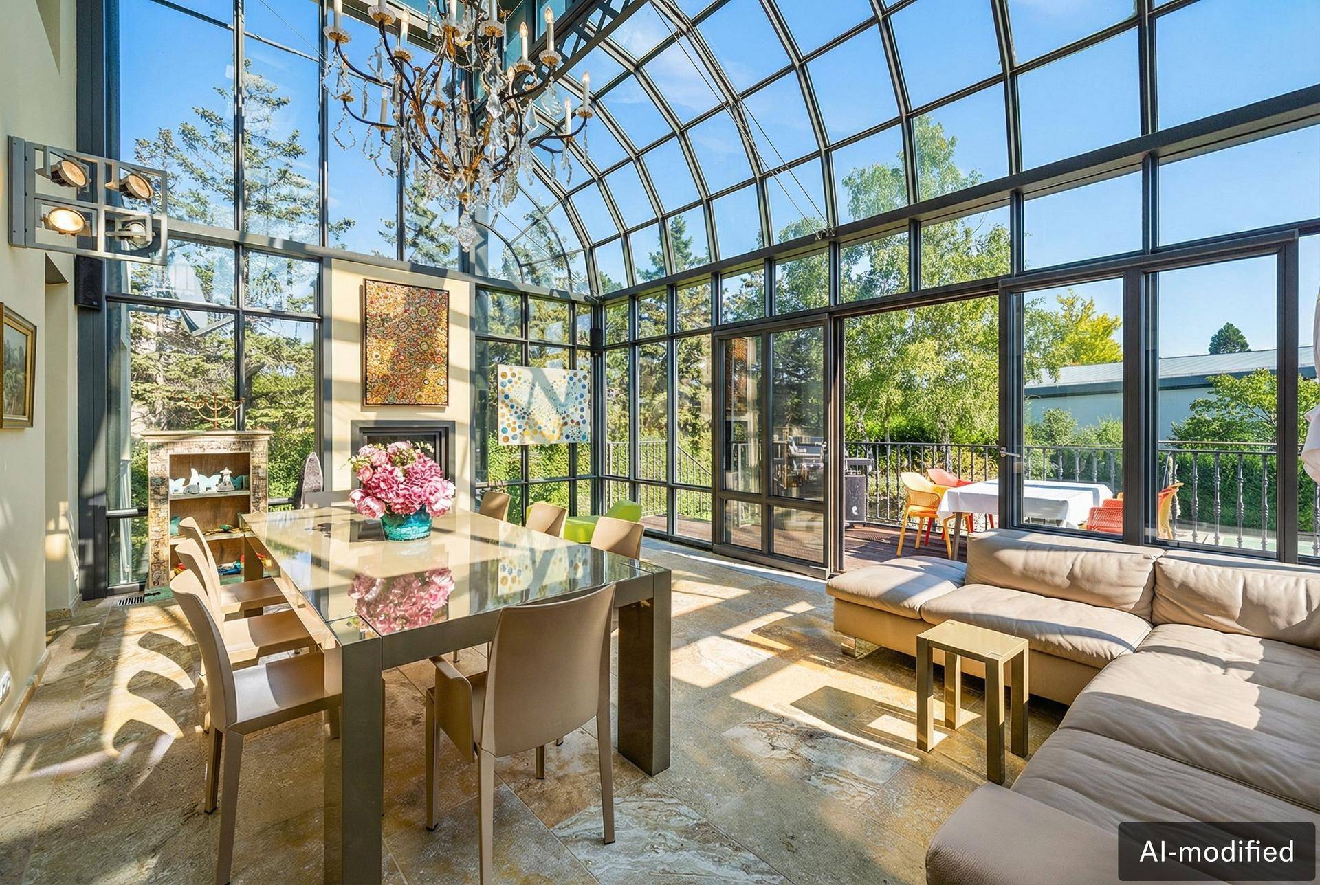 Heller Wintergarten mit Essbereich und gemütlicher Sitzecke, umgeben von Glasfronten.