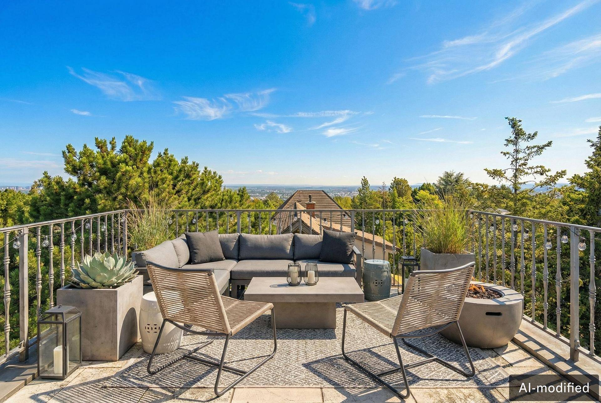 Exklusive Dachterrasse mit Lounge-Möbeln, Feuerstelle und weitem Panoramablick.