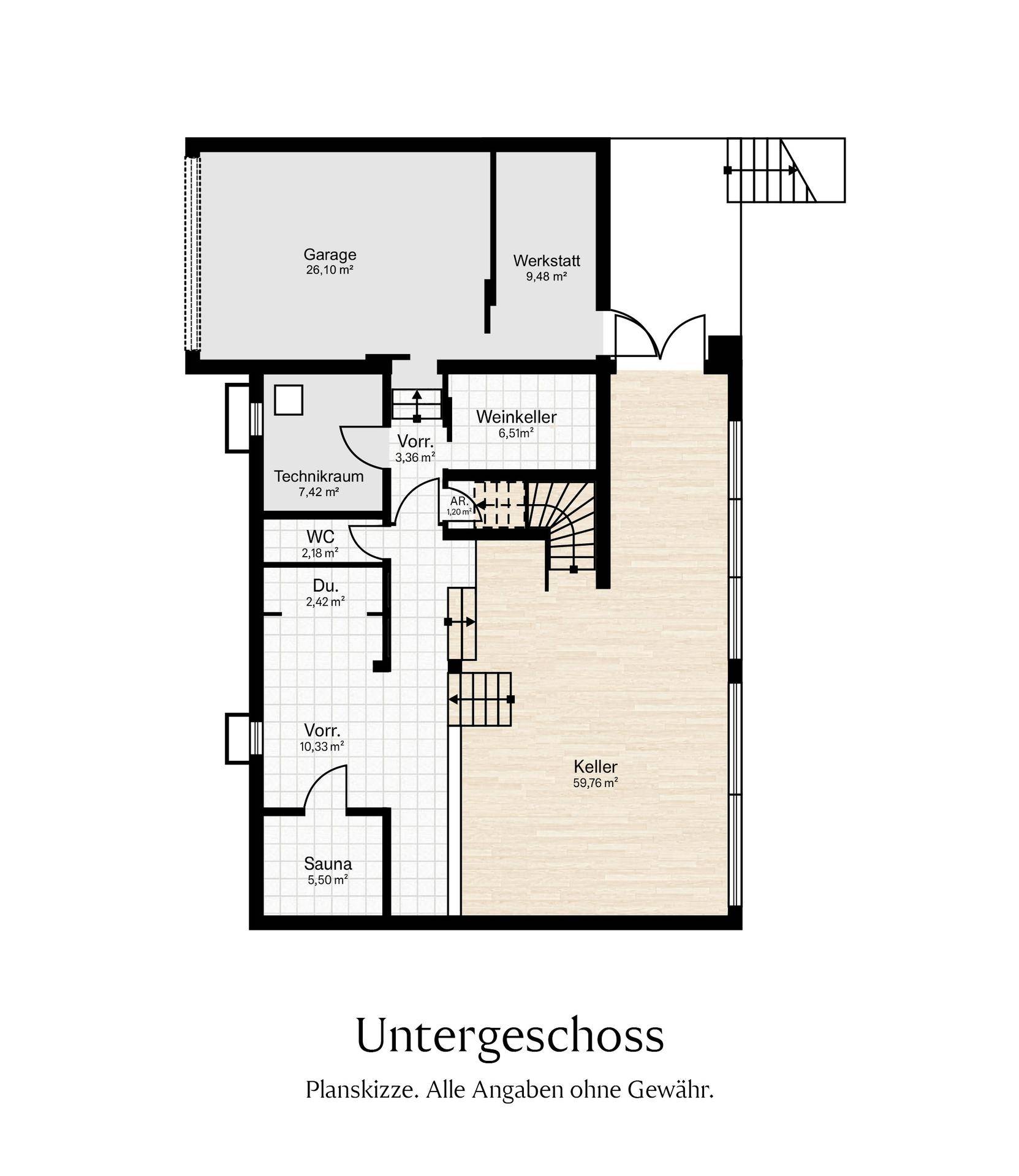 Grundriss des Untergeschosses mit Garage, Weinkeller, Sauna und Technikraum.