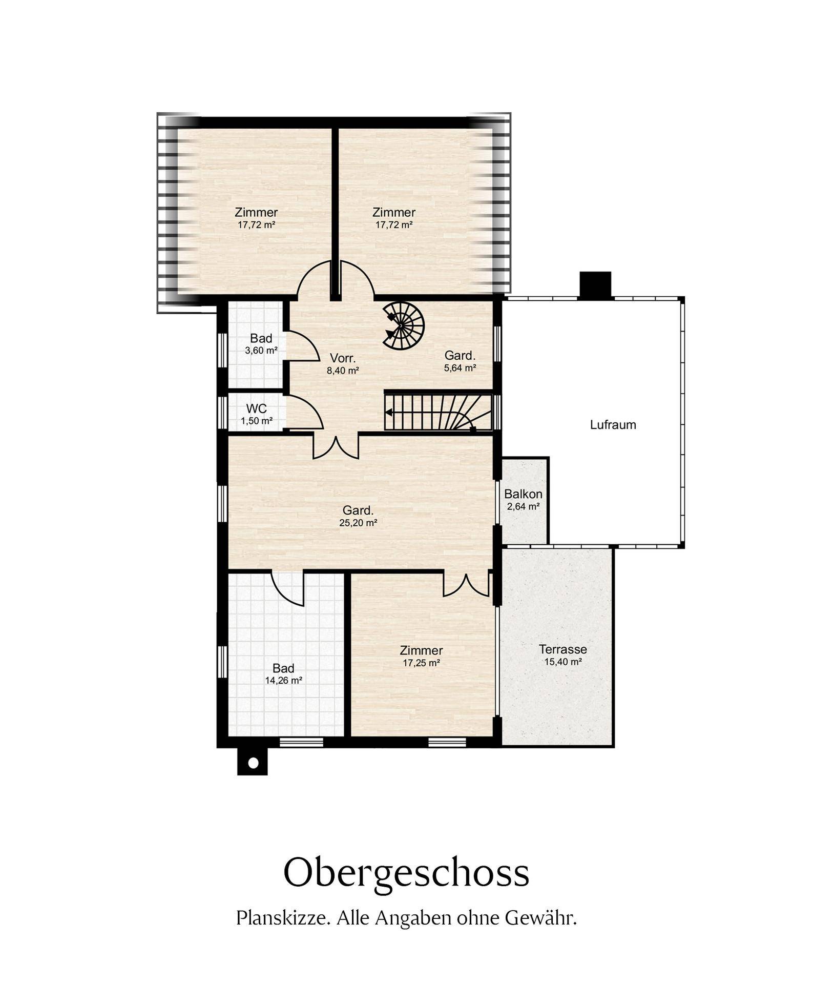 Grundriss des Obergeschosses mit mehreren Zimmern, Bädern, Balkon und Terrasse.