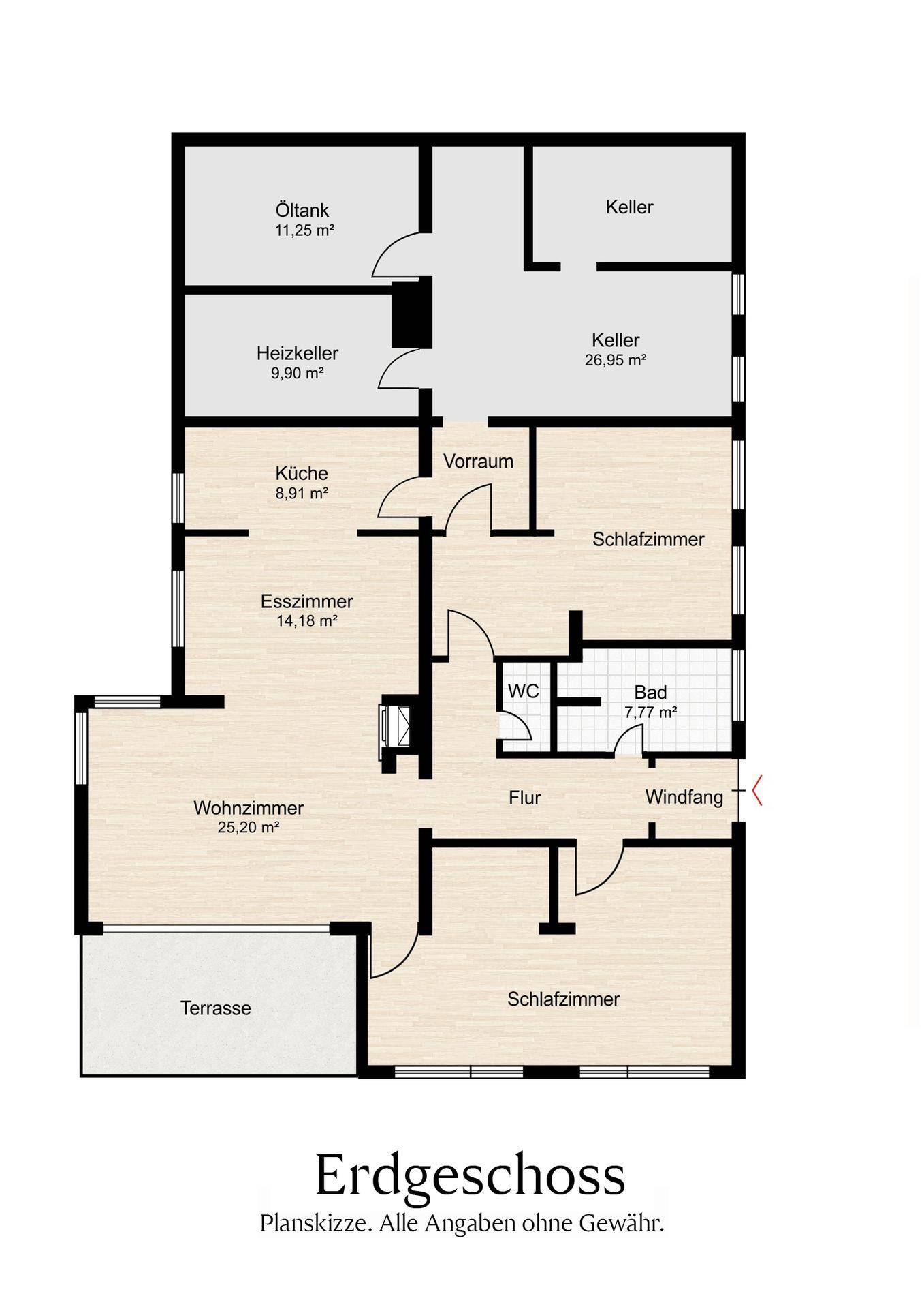 Grundriss des Erdgeschosses mit Wohnzimmer, Esszimmer, Küche und Terrasse.