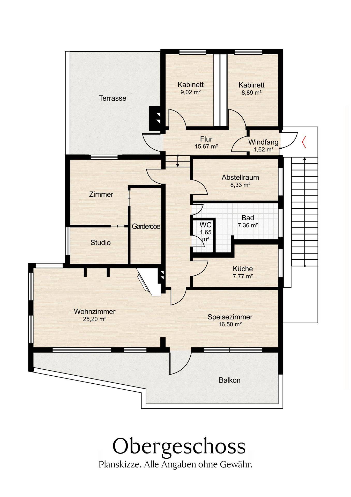 Grundriss des Obergeschosses mit Wohnzimmer, Küche, Balkon und Terrasse.